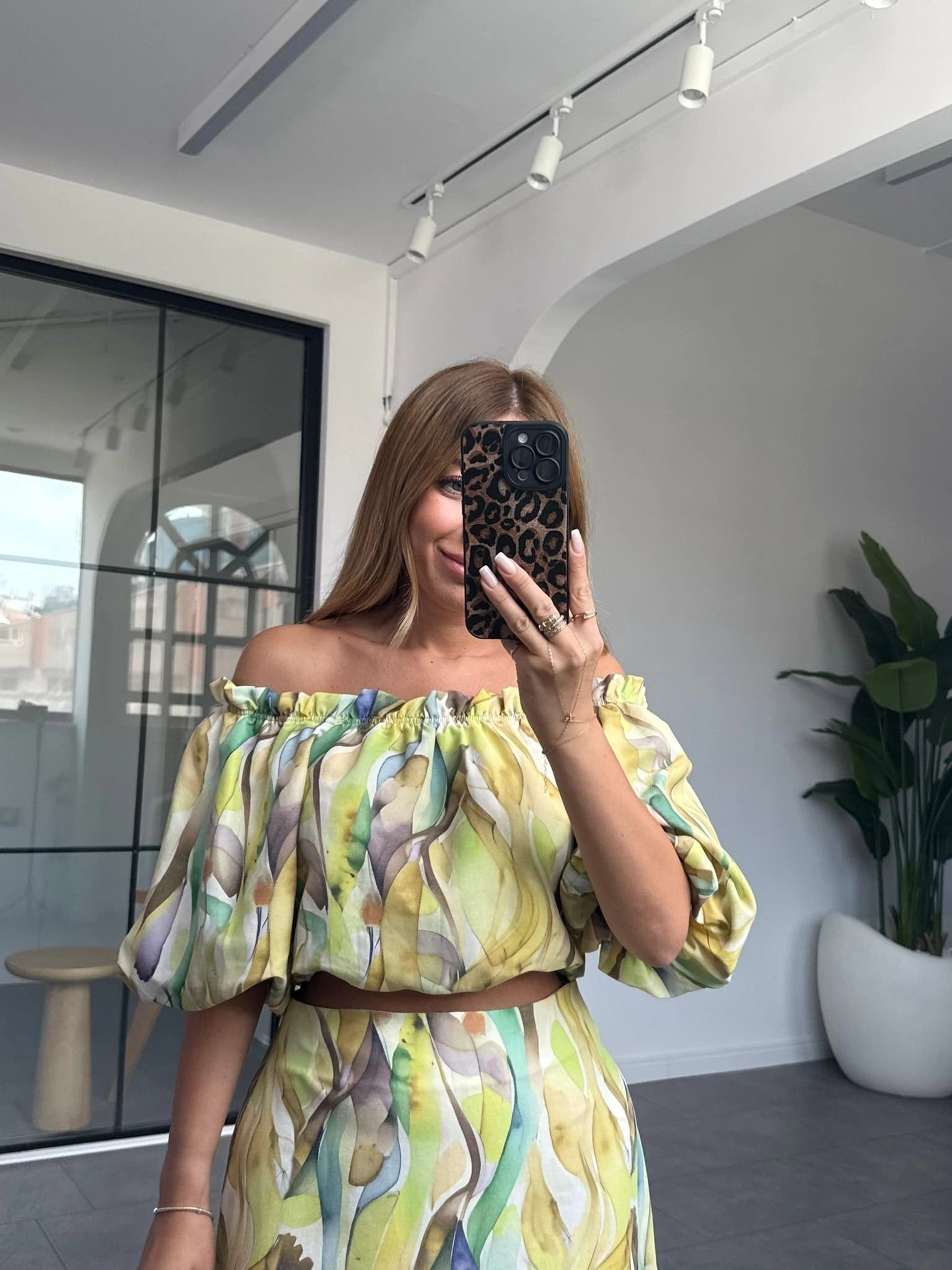 SARI KARIŞIK DESEN BALON KOL CROP ETEK TAKIM