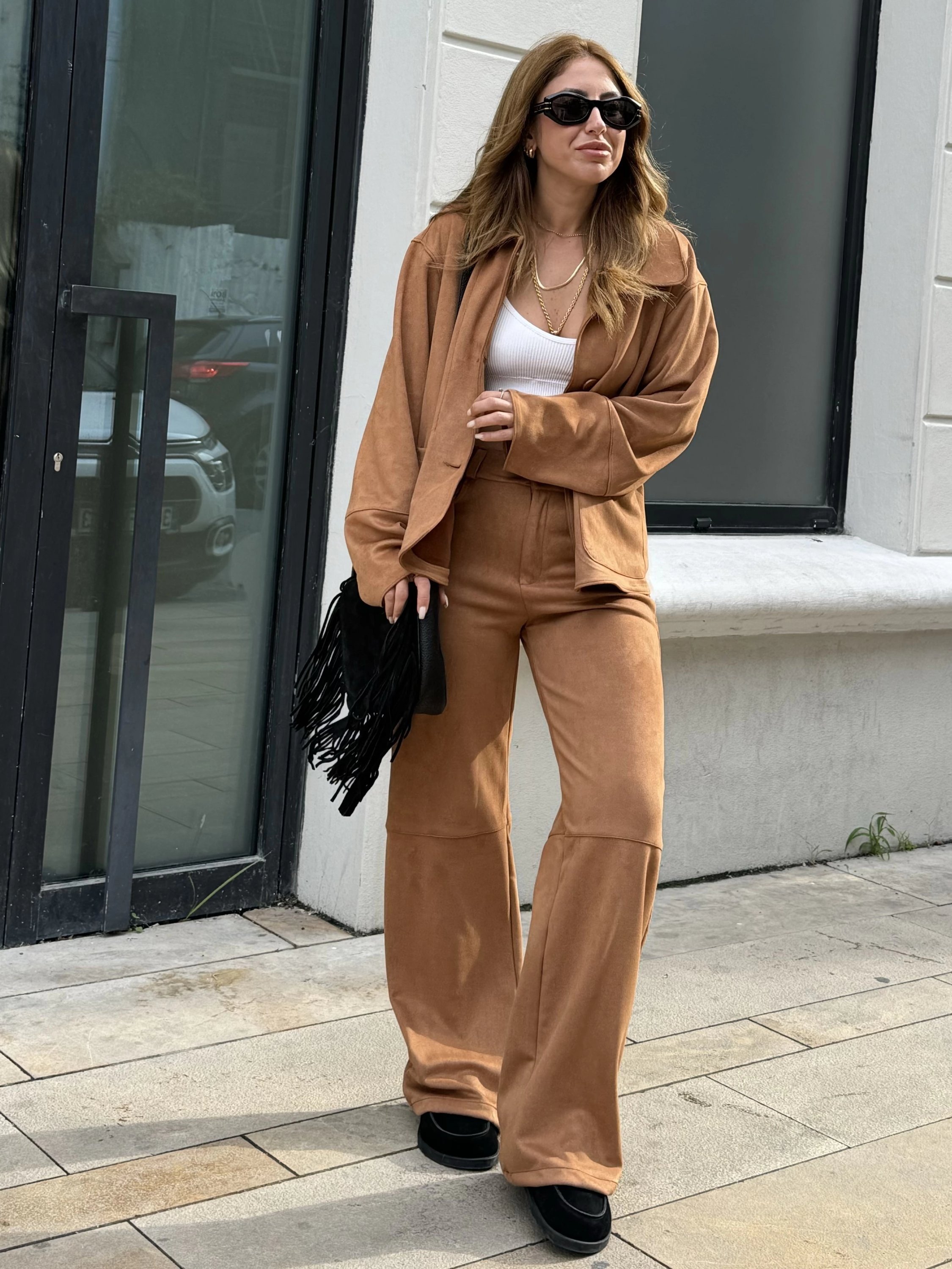 Taba Süet Bebe Yaka Ceket Takım