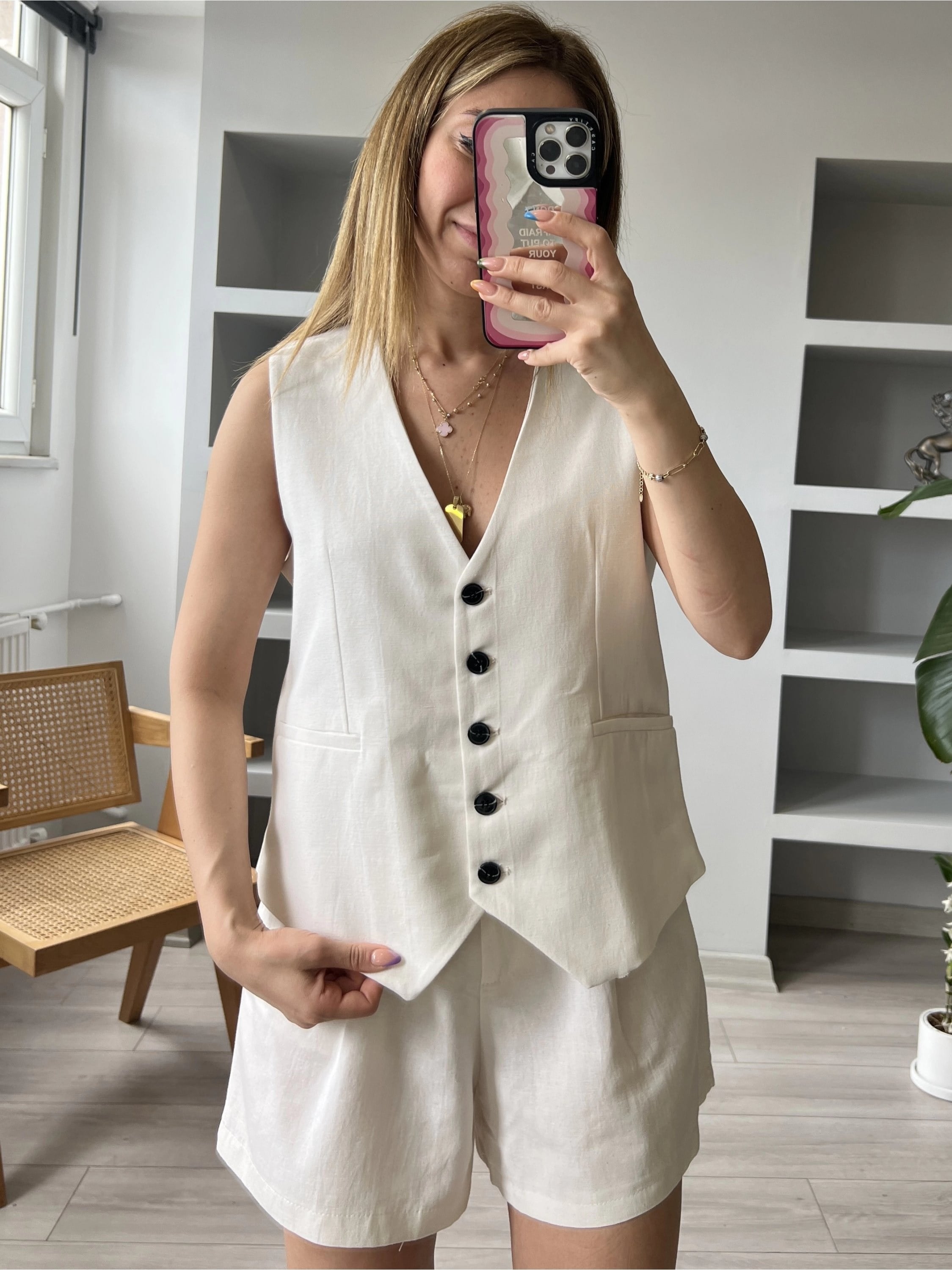 Taş ZR Model %100 Keten Yelekli Şort Takım