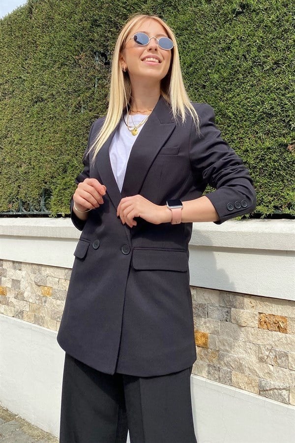 Turkuaz Kruvaze Düğmeli Blazer Ceket