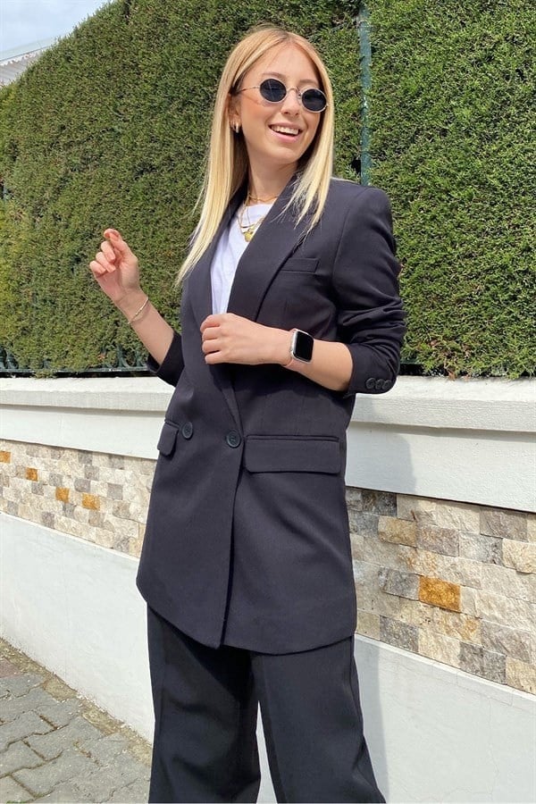 Turkuaz Kruvaze Düğmeli Blazer Ceket
