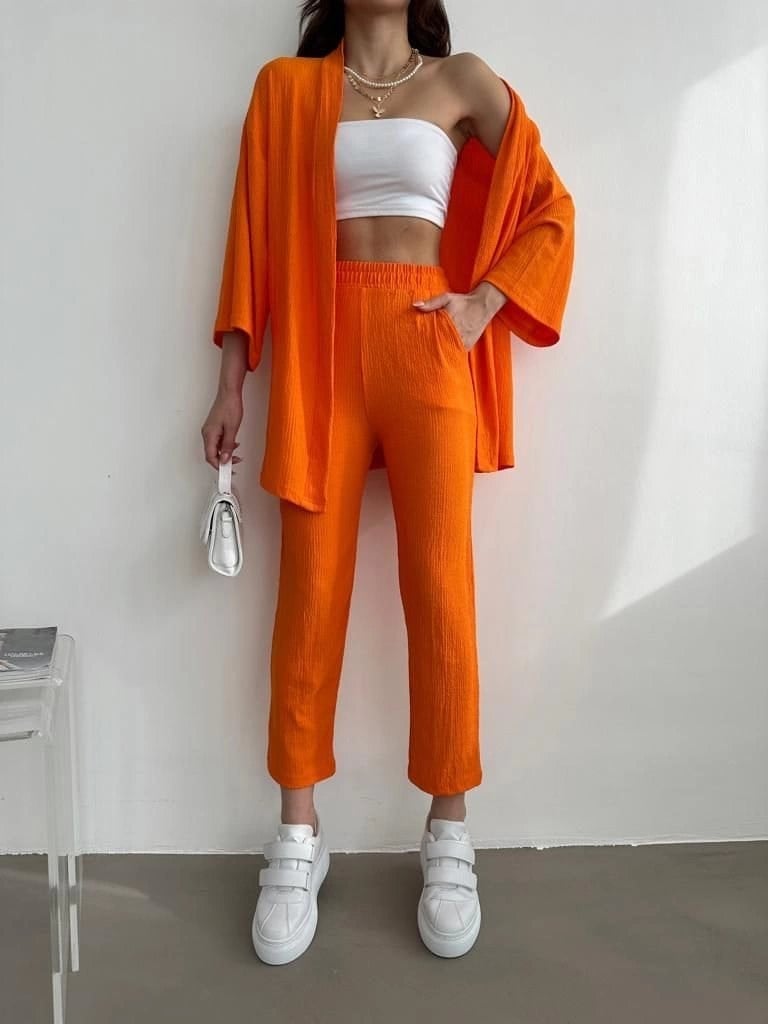 Turuncu Gofre Kimono Takım