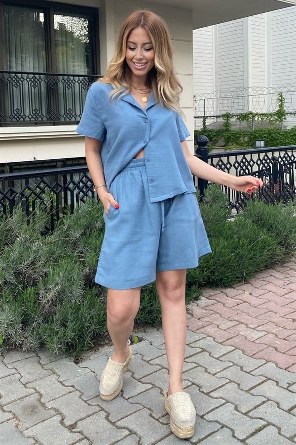 ZÜMRÜT YEŞİLİ ŞORTLU KETEN TAKIM