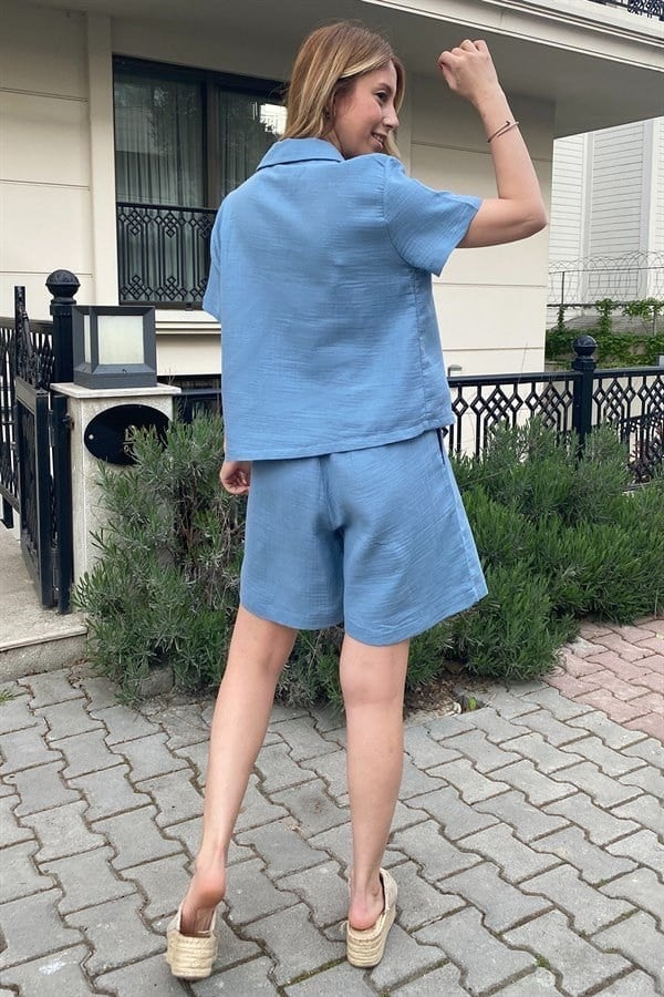 ZÜMRÜT YEŞİLİ ŞORTLU KETEN TAKIM