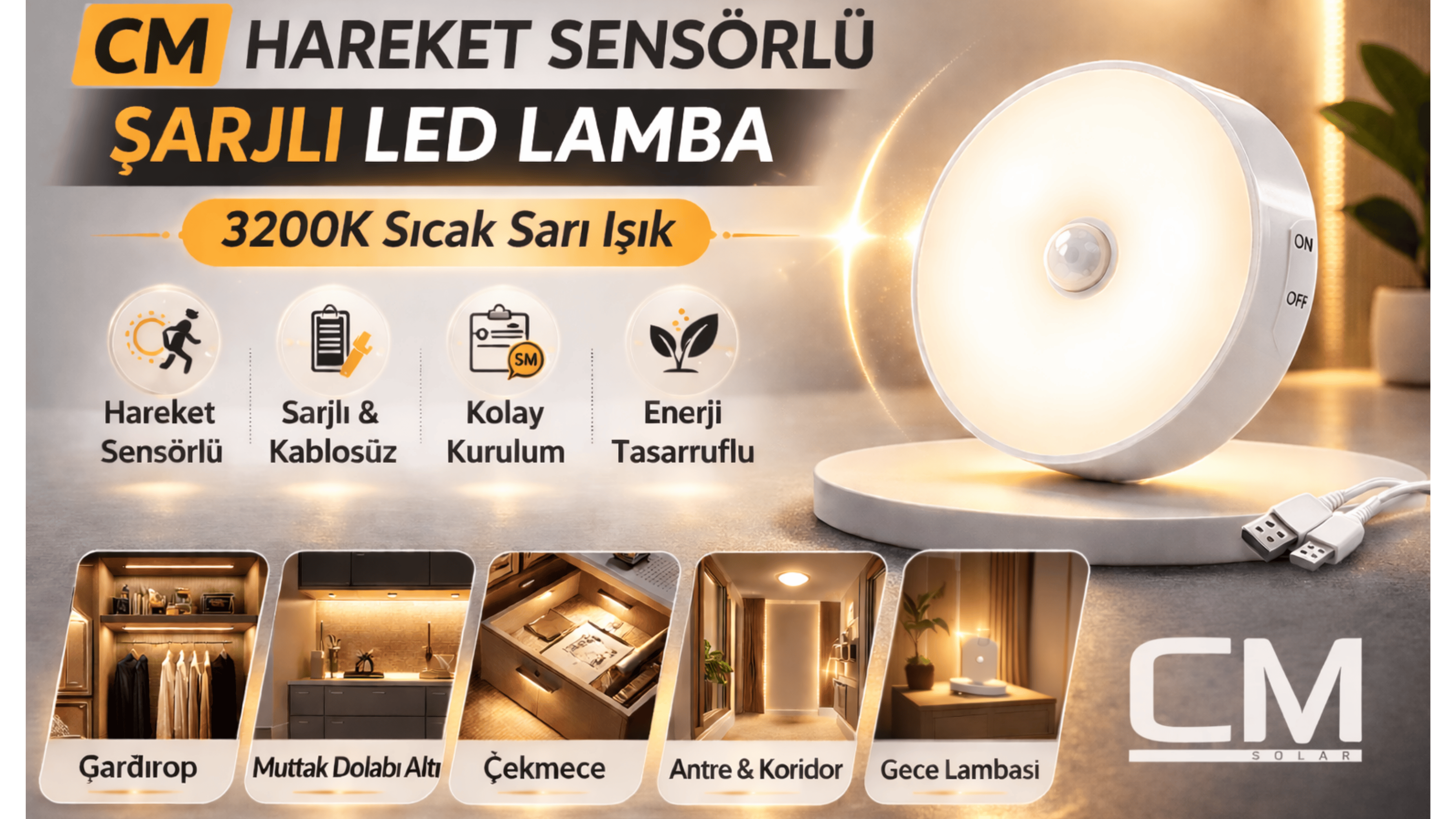 CM 3200K Sarı Işık Hareket Sensörlü Şarjlı LED Lamba – Kablosuz Dolap Altı, Gardırop, Antre ve Çekmece İçin Akıllı Sensörlü Aydınlatma