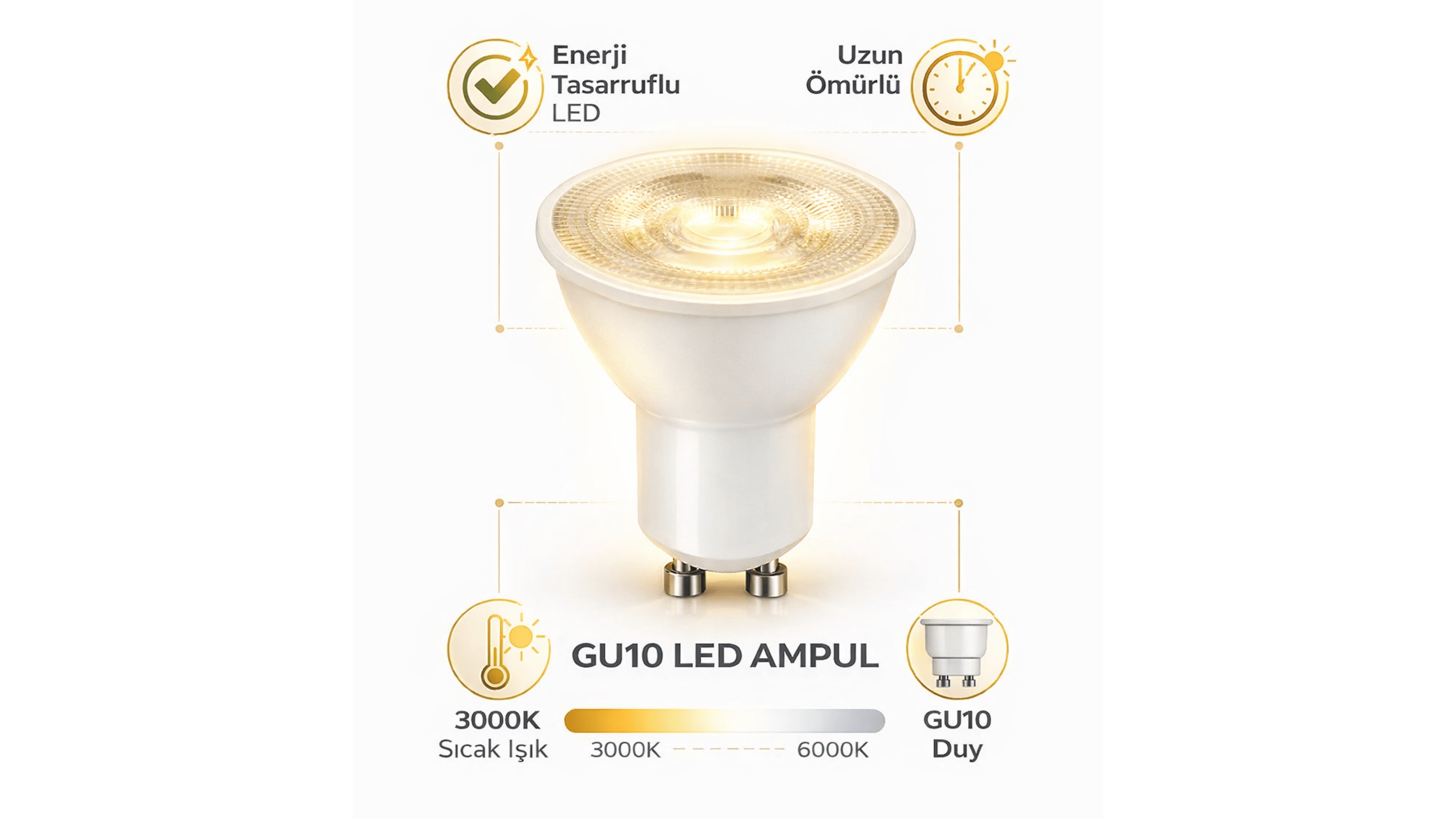 CM GU10 7W LED Spot Ampul 3000K Sarı Işık – Enerji Tasarruflu Uzun Ömürlü GU10 LED Spot Lamba | Tavan Spot Aydınlatma Ampulü