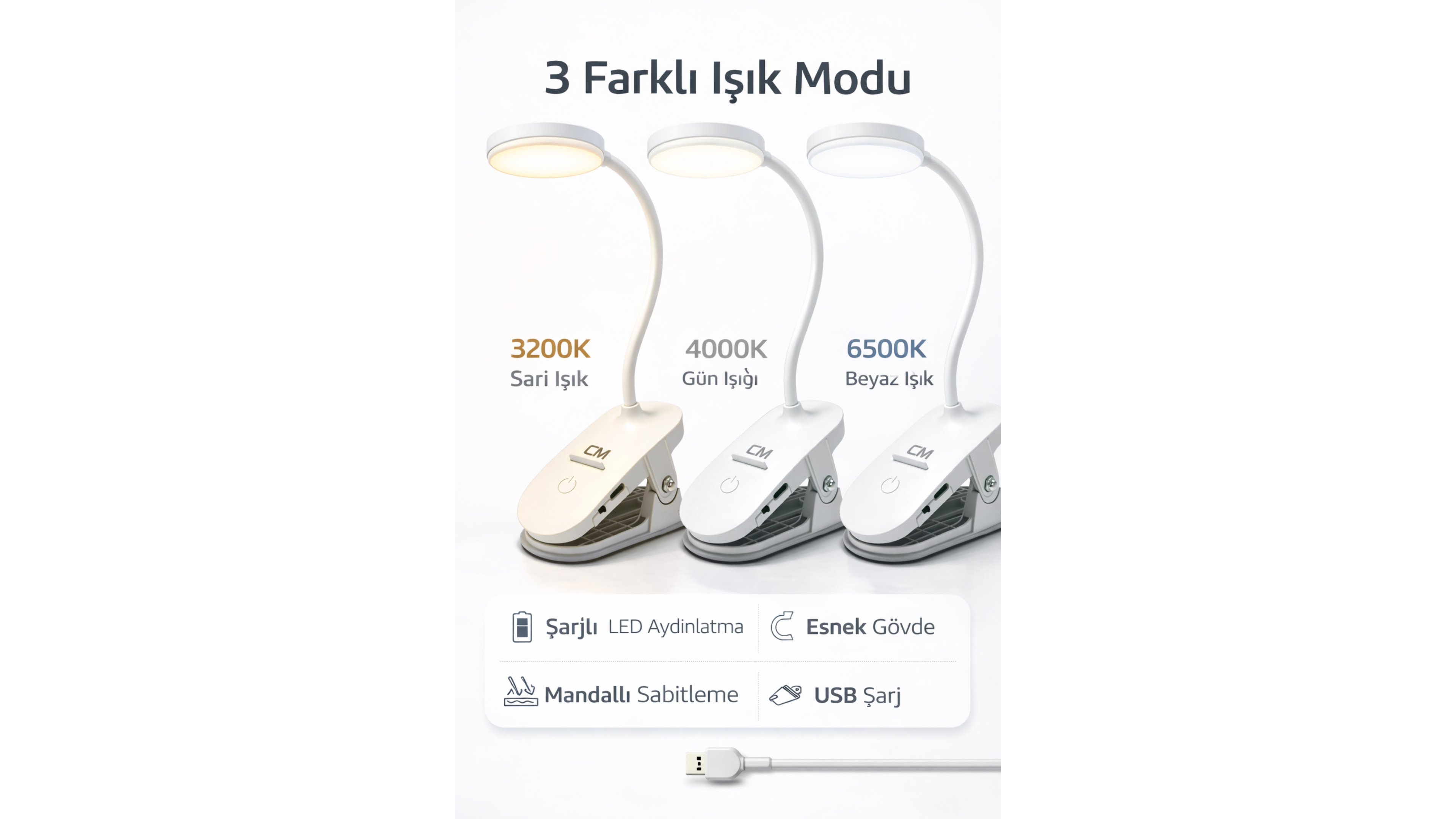 CM Mandallı Şarjlı LED Masa Lambası 3 Renk Işık (3200K-4000K-6500K) Ayarlanabilir Esnek Gövde USB Şarjlı Kitap Okuma Lambası