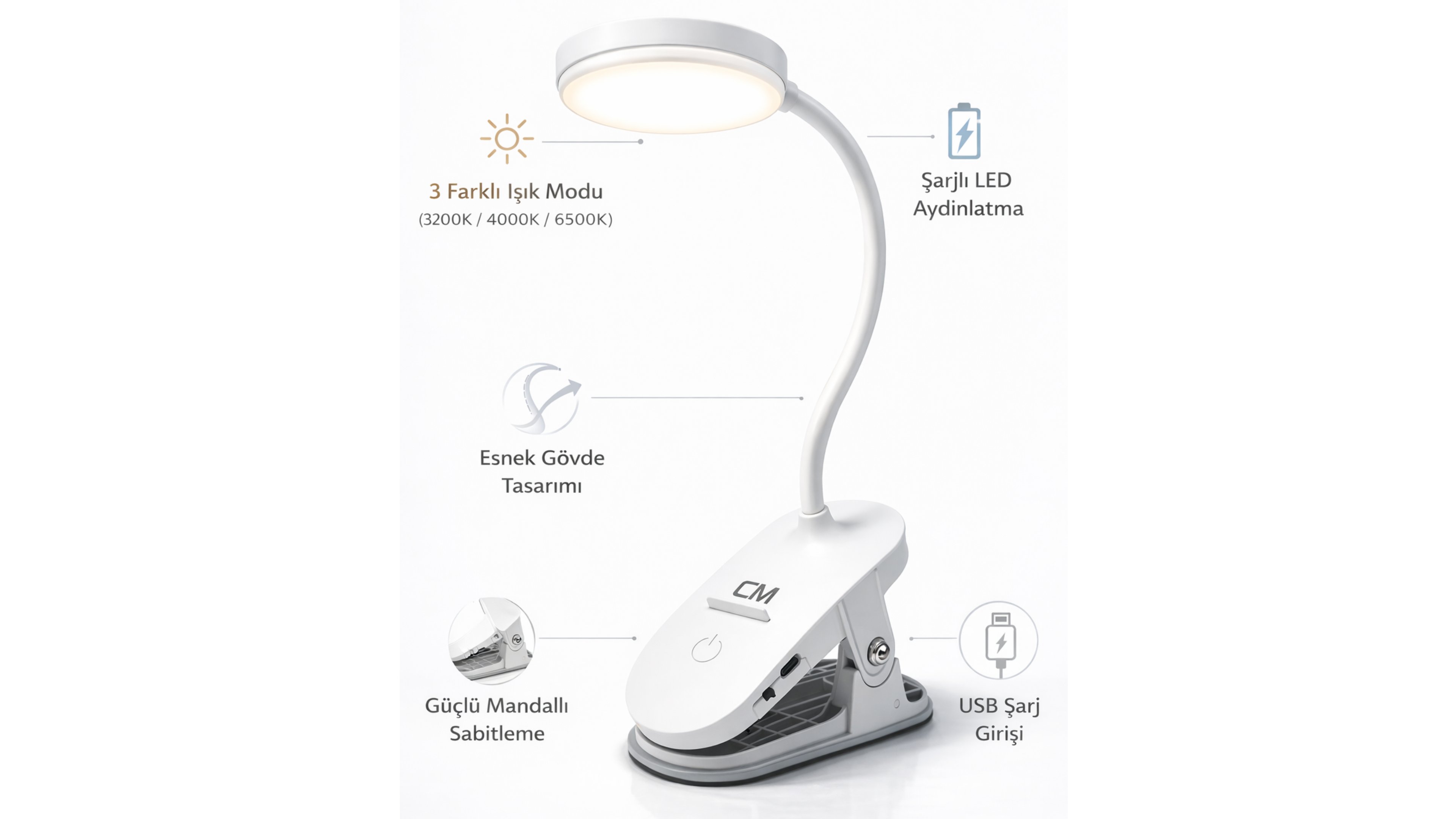 CM Mandallı Şarjlı LED Masa Lambası 3 Renk Işık (3200K-4000K-6500K) Ayarlanabilir Esnek Gövde USB Şarjlı Kitap Okuma Lambası