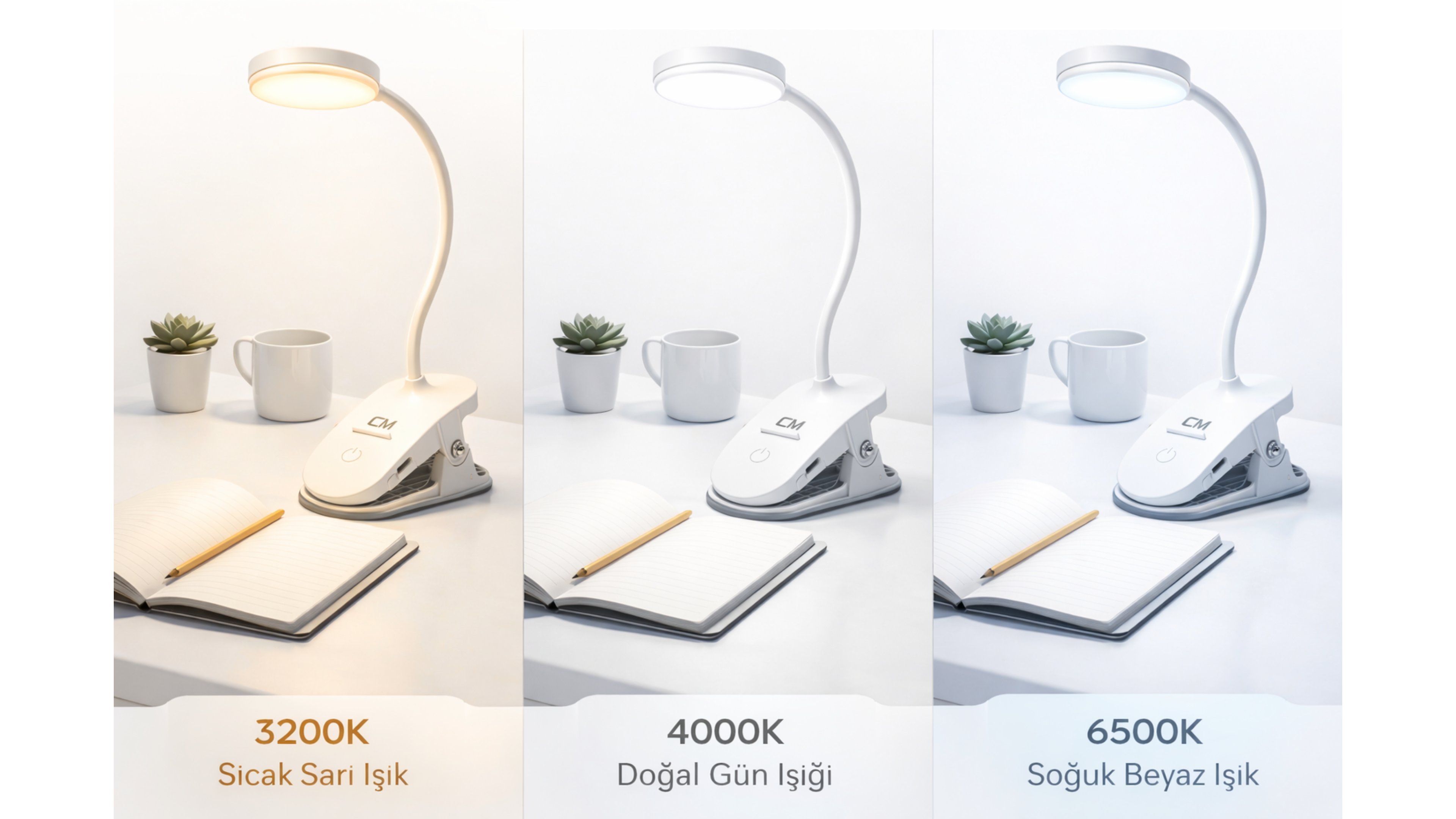 CM Mandallı Şarjlı LED Masa Lambası 3 Renk Işık (3200K-4000K-6500K) Ayarlanabilir Esnek Gövde USB Şarjlı Kitap Okuma Lambası