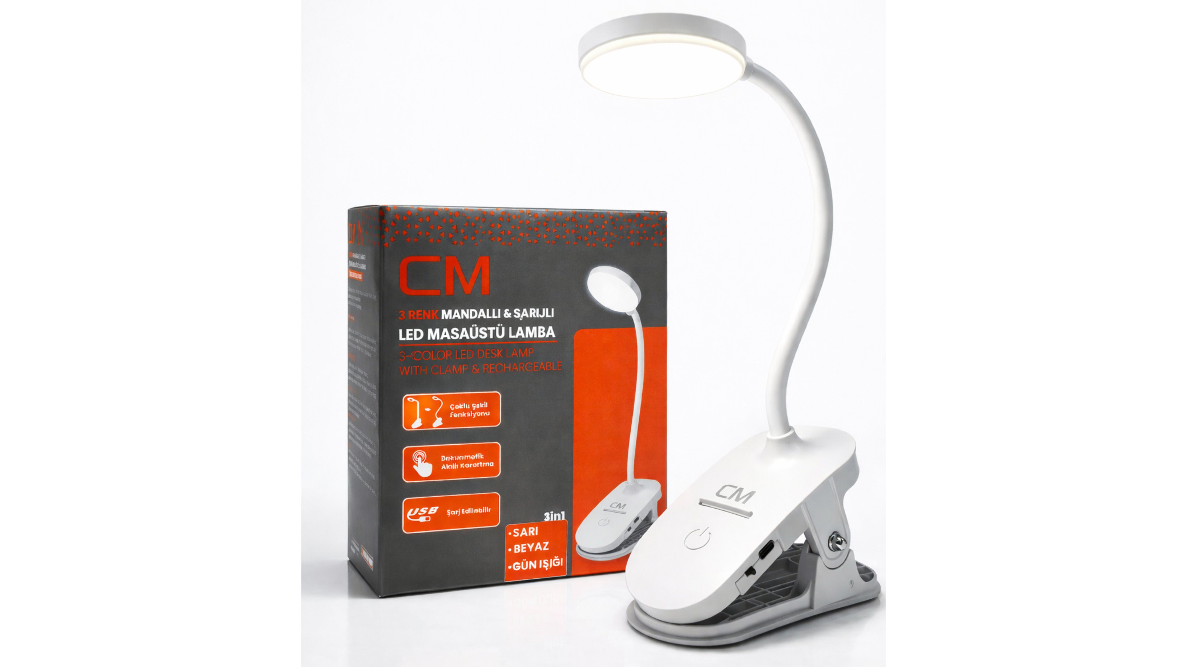 CM Mandallı Şarjlı LED Masa Lambası 3 Renk Işık (3200K-4000K-6500K) Ayarlanabilir Esnek Gövde USB Şarjlı Kitap Okuma Lambası