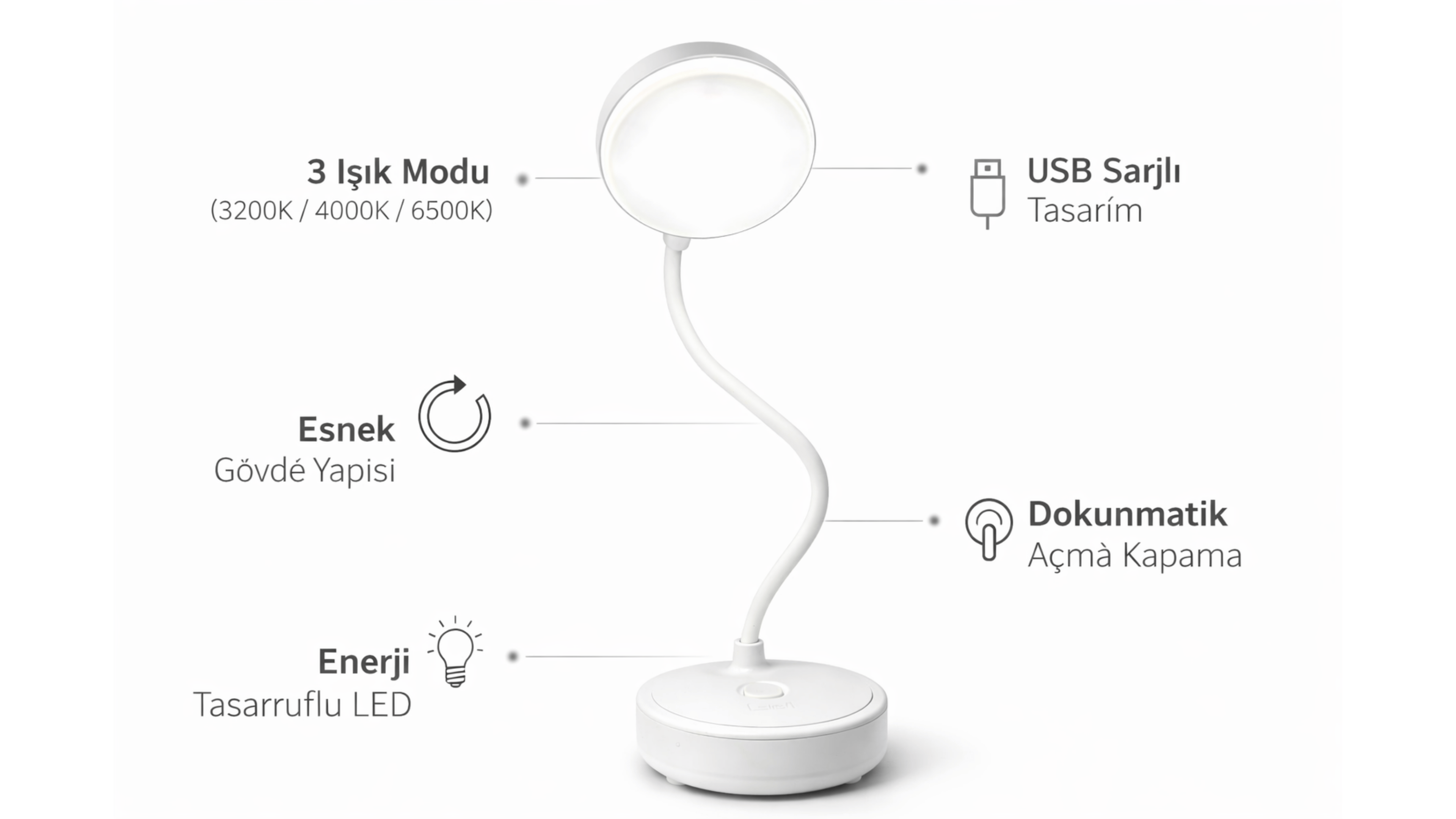 CM Şarjlı LED Masa Lambası 3 Işık Modu (3200K / 4000K / 6500K) USB Şarjlı Esnek Gövdeli Taşınabilir Masaüstü Çalışma Lambası