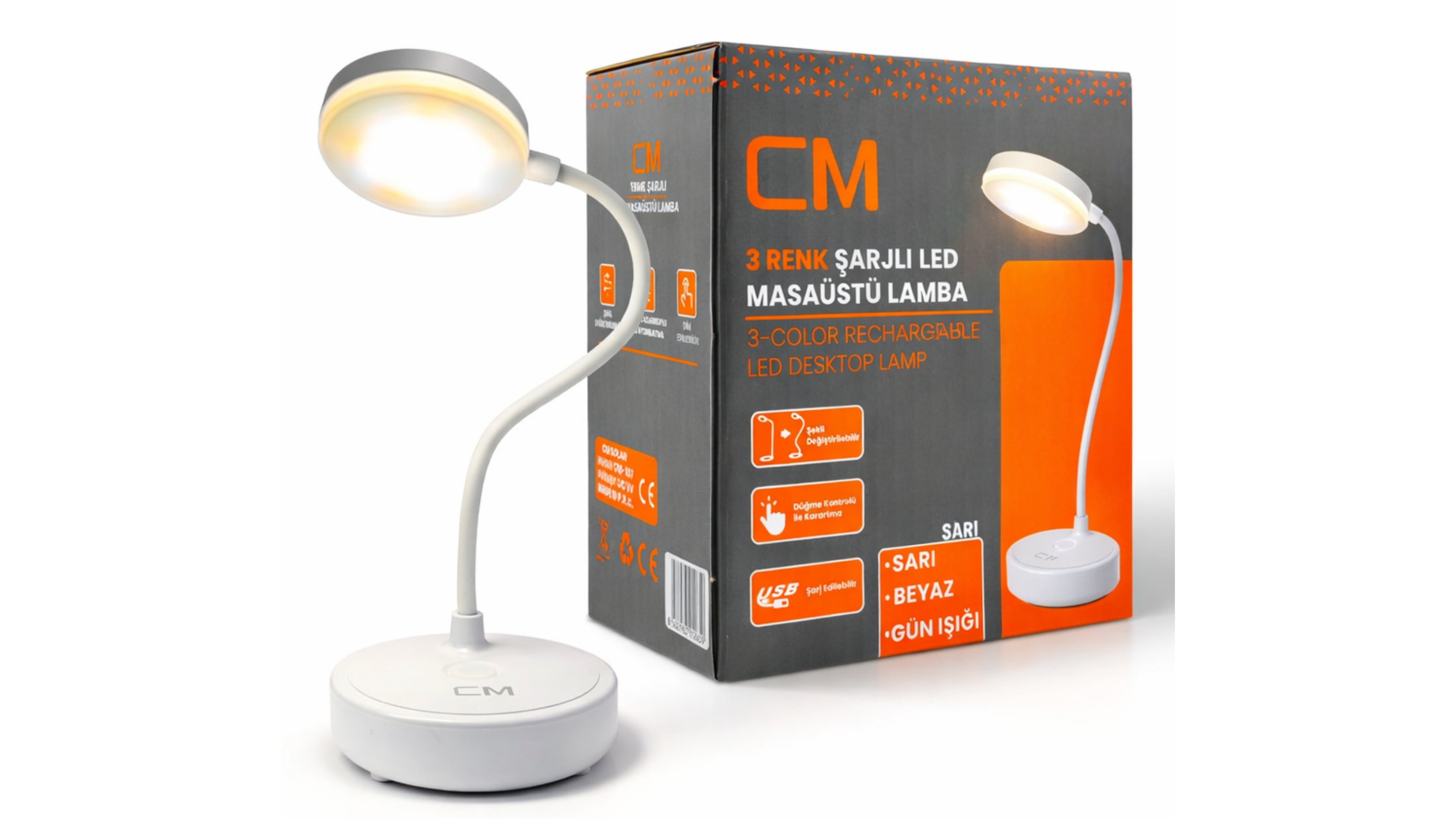 CM Şarjlı LED Masa Lambası 3 Işık Modu (3200K / 4000K / 6500K) USB Şarjlı Esnek Gövdeli Taşınabilir Masaüstü Çalışma Lambası