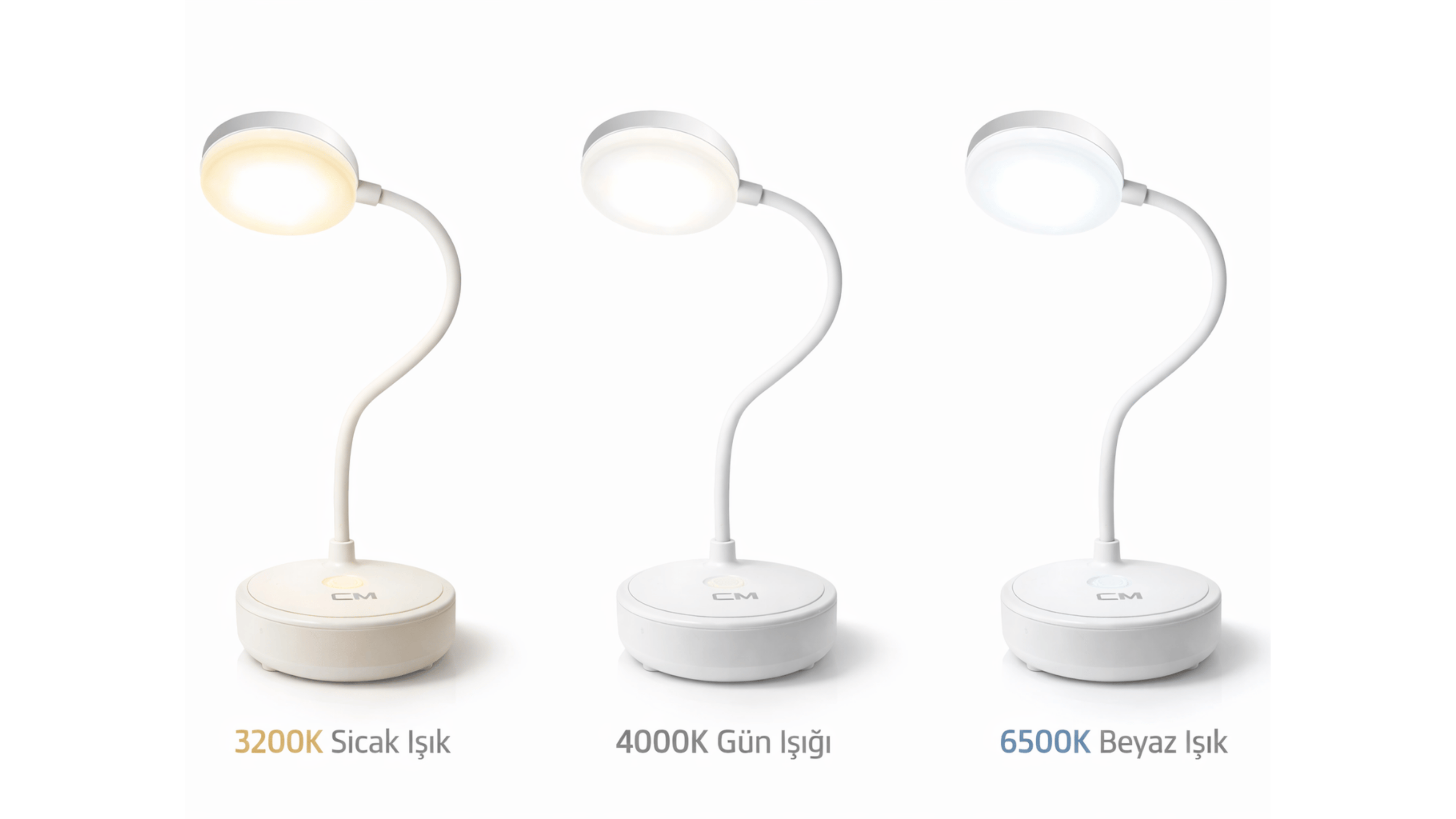 CM Şarjlı LED Masa Lambası 3 Işık Modu (3200K / 4000K / 6500K) USB Şarjlı Esnek Gövdeli Taşınabilir Masaüstü Çalışma Lambası