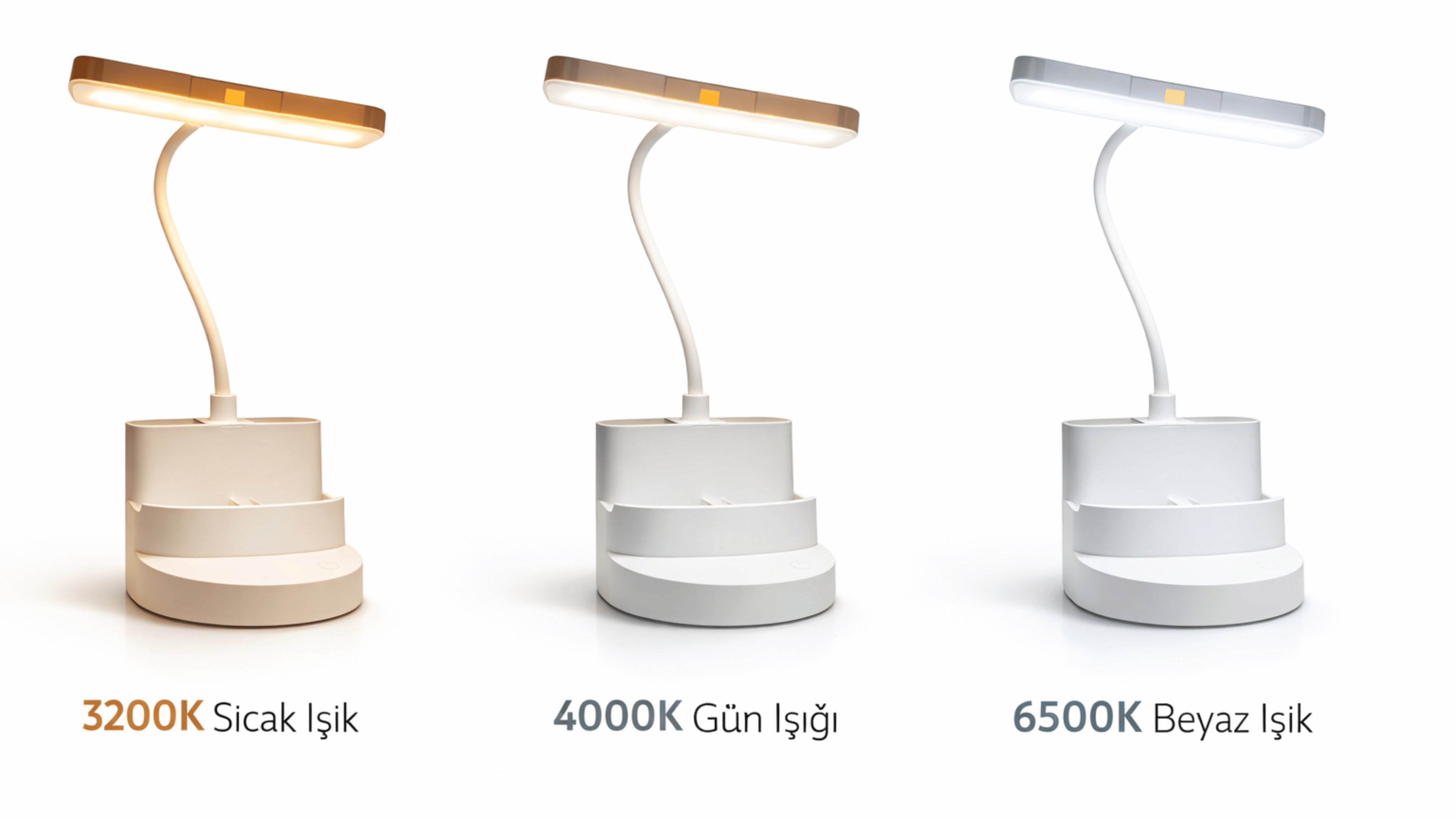 CM Şarjlı LED Masa Lambası 3 Renk Işık (3200K / 4000K / 6500K) Standlı Kalemlikli Esnek Gövdeli Masaüstü Çalışma Lambası USB Şarjlı Taşınabilir LED Aydınlatma