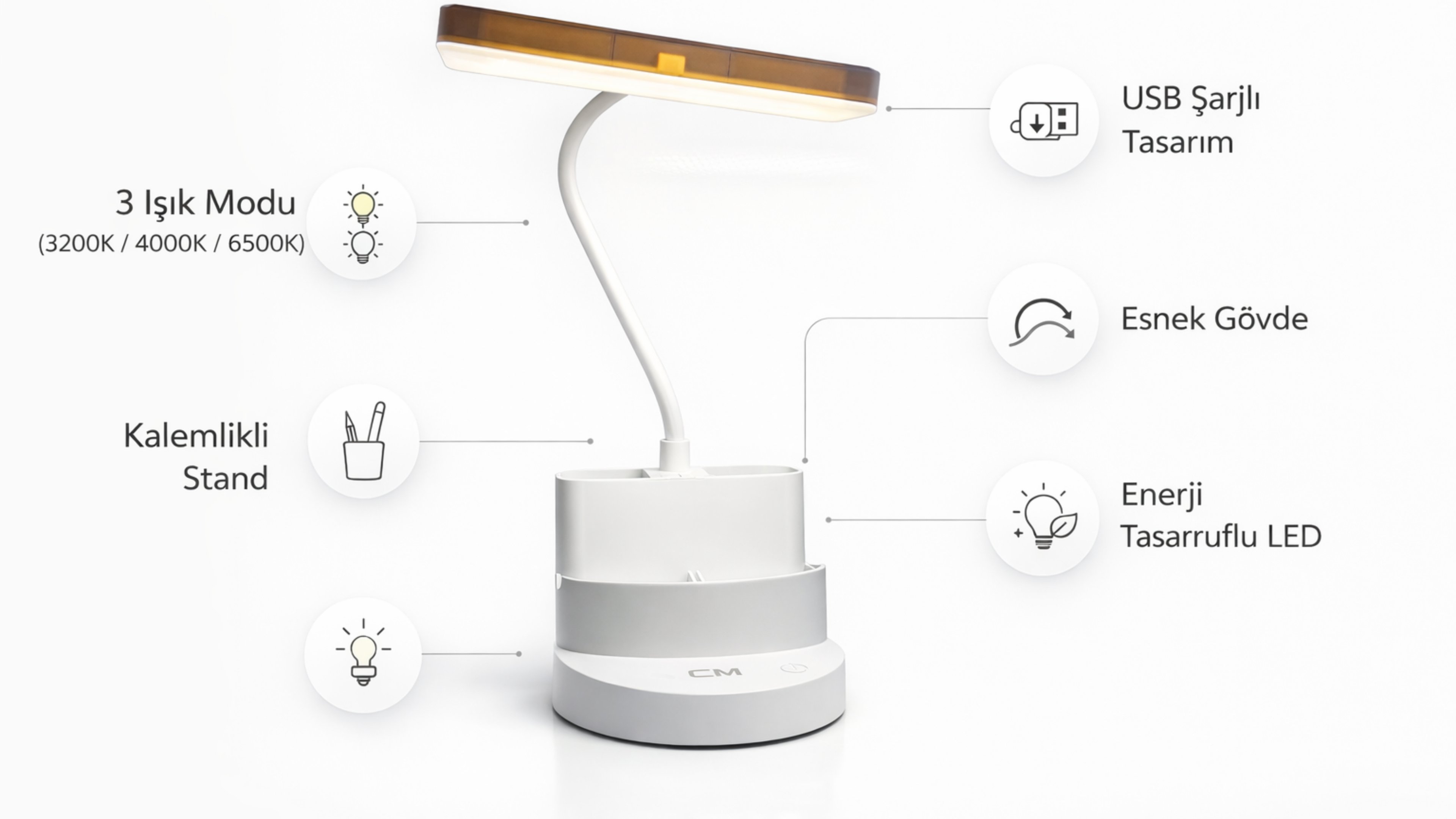 CM Şarjlı LED Masa Lambası 3 Renk Işık (3200K / 4000K / 6500K) Standlı Kalemlikli Esnek Gövdeli Masaüstü Çalışma Lambası USB Şarjlı Taşınabilir LED Aydınlatma