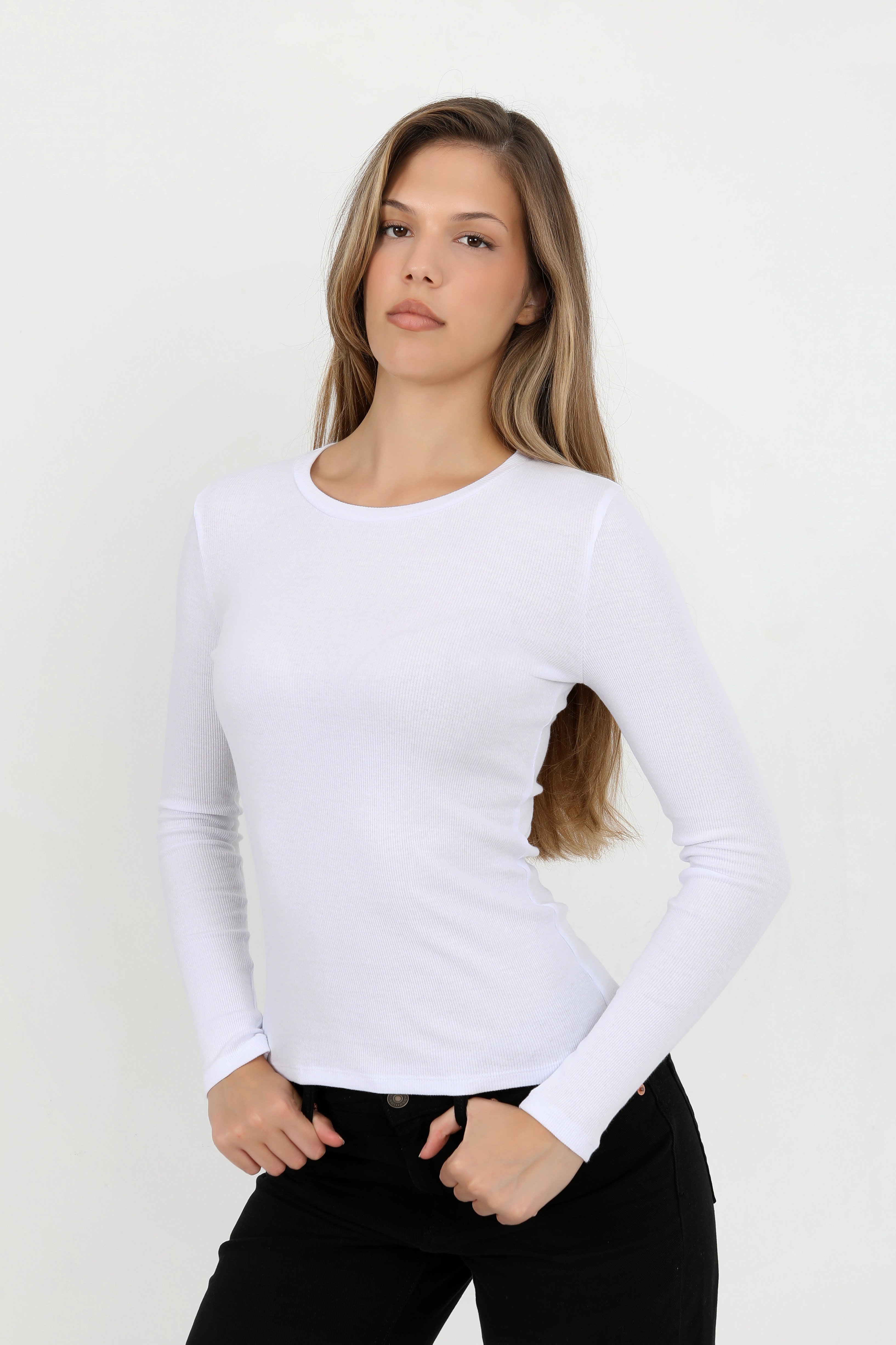 Hdm Kadın Beyaz Uzun Kollu Fitilli Bisiklet Yaka Basic Tişört - H6161