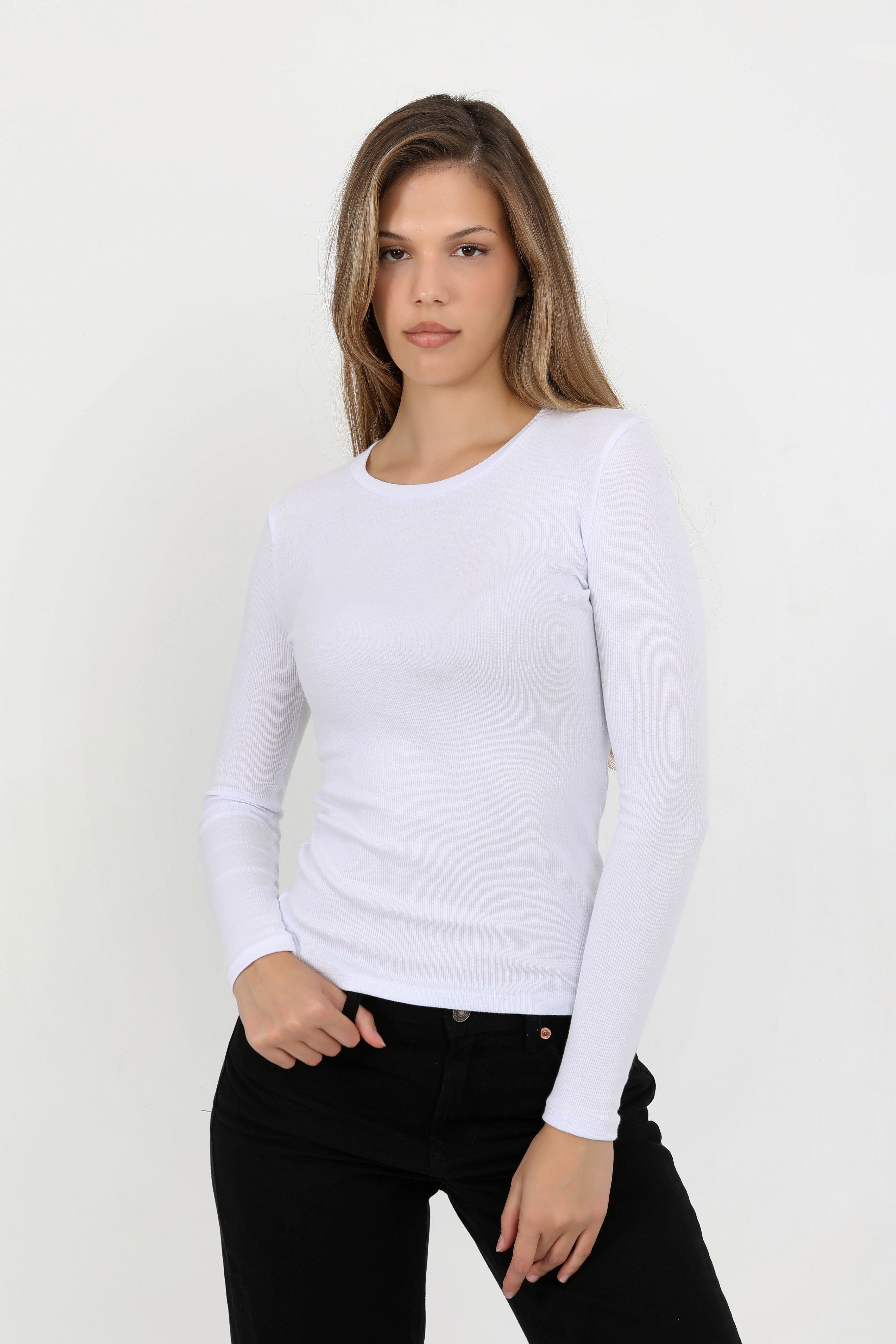 Hdm Kadın Beyaz Uzun Kollu Fitilli Bisiklet Yaka Basic Tişört - H6161