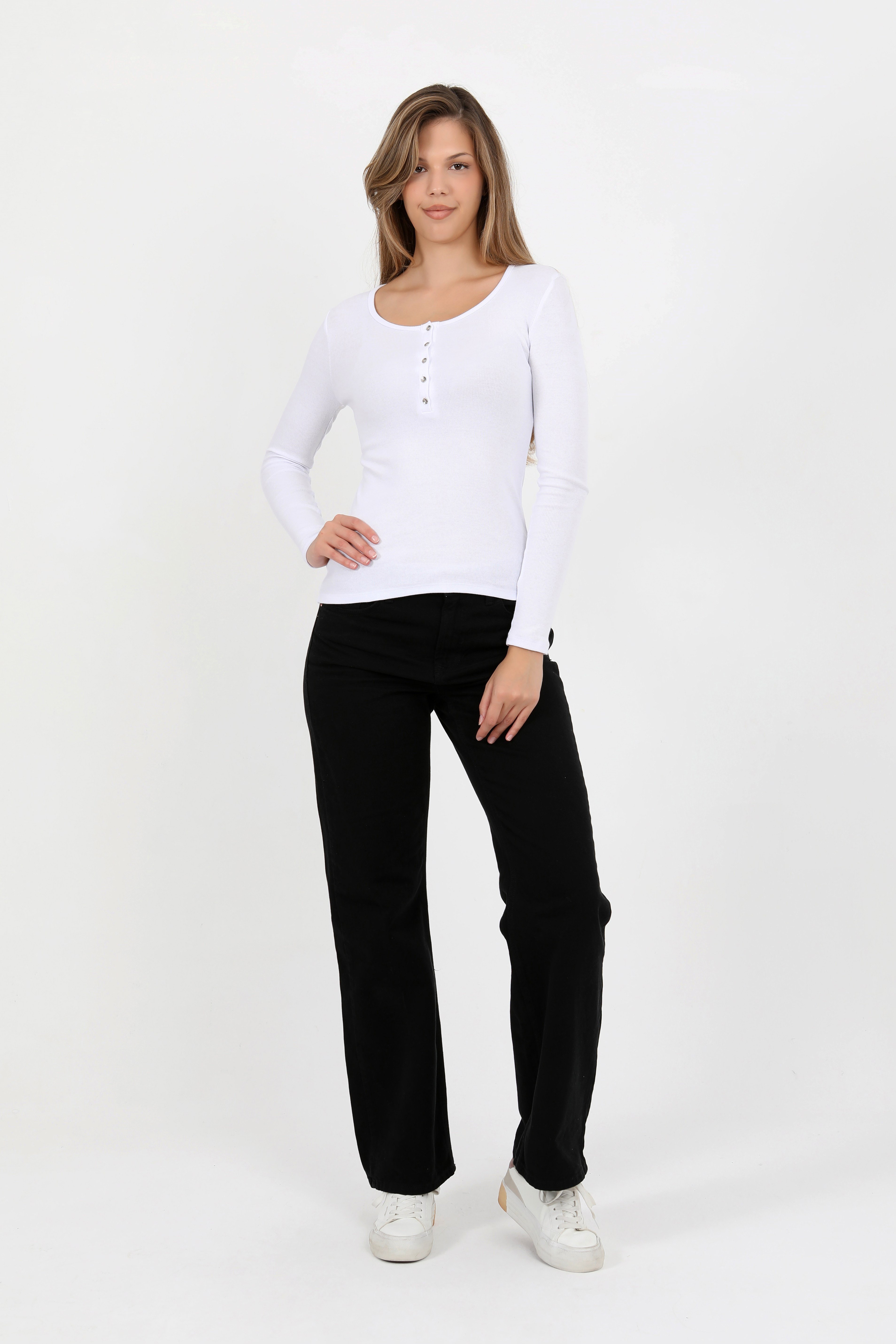 Hdm Kadın Beyaz Uzun Kollu Fitilli Patlı Düğmeli Basic Örme Bluz - H6162