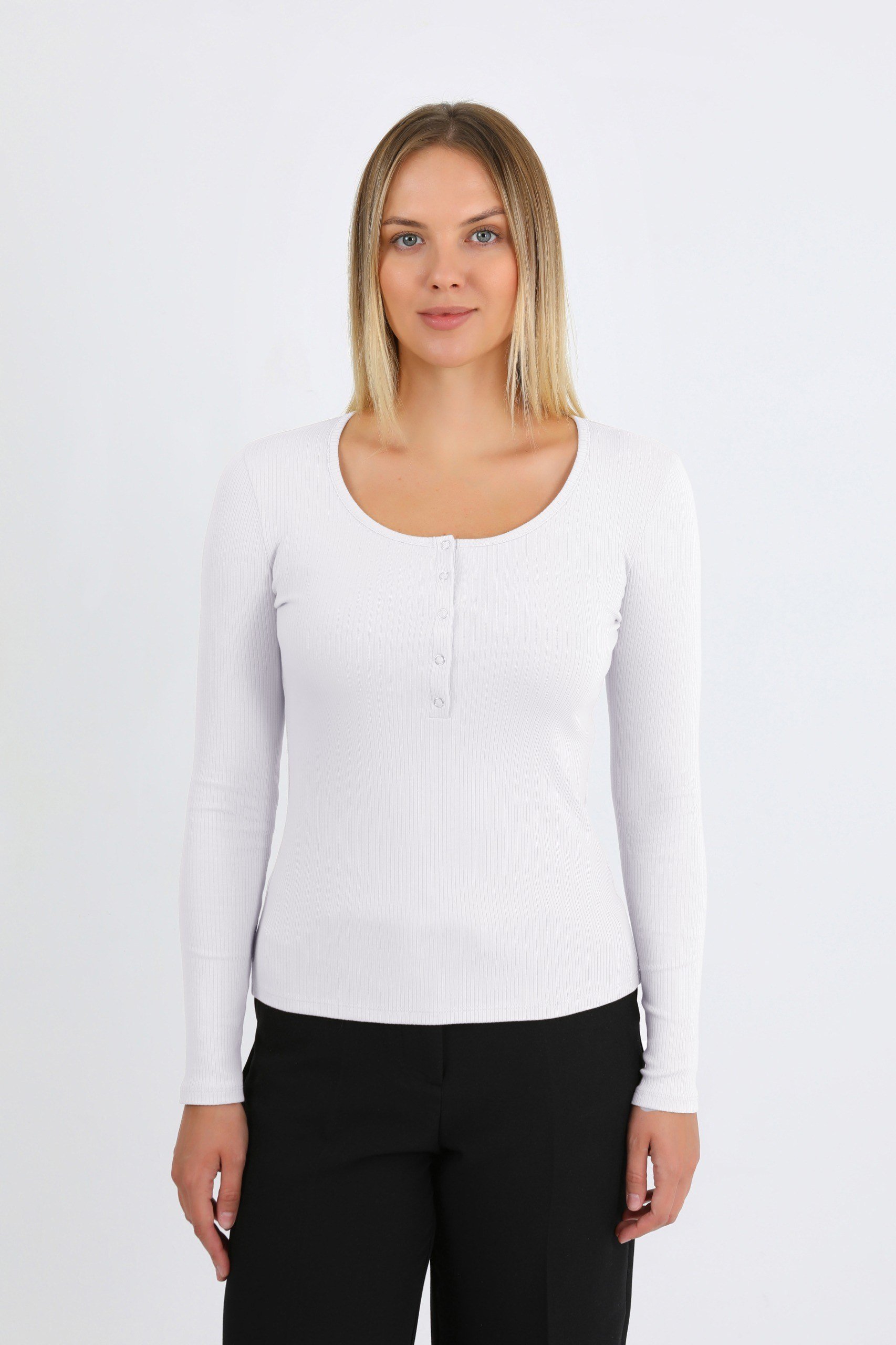 Hdm Kadın Beyaz Uzun Kollu Fitilli Patlı Çıtçıtlı Basic Örme Bluz - H6172