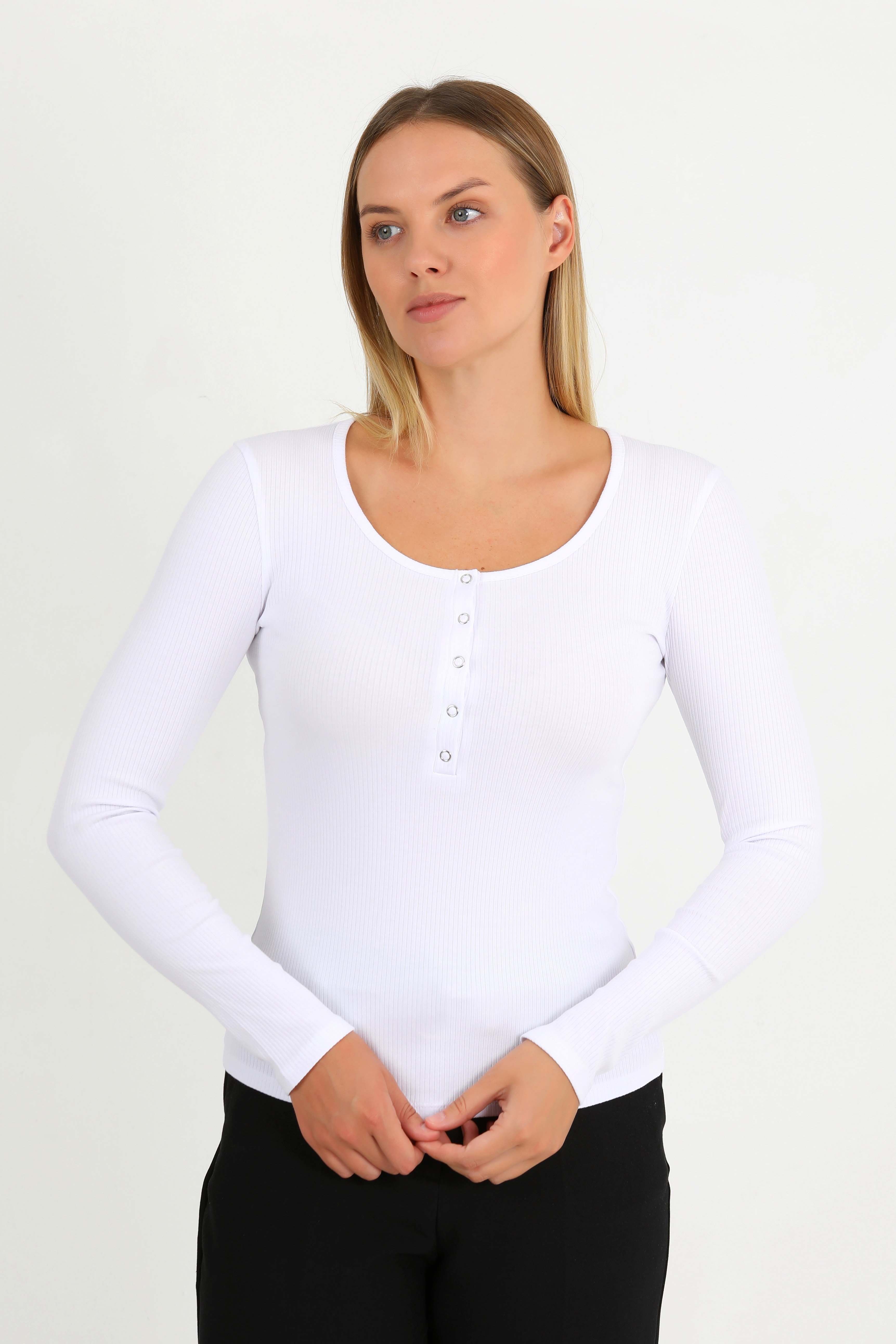 Hdm Kadın Beyaz Uzun Kollu Fitilli Patlı Çıtçıtlı Basic Örme Bluz - H6172