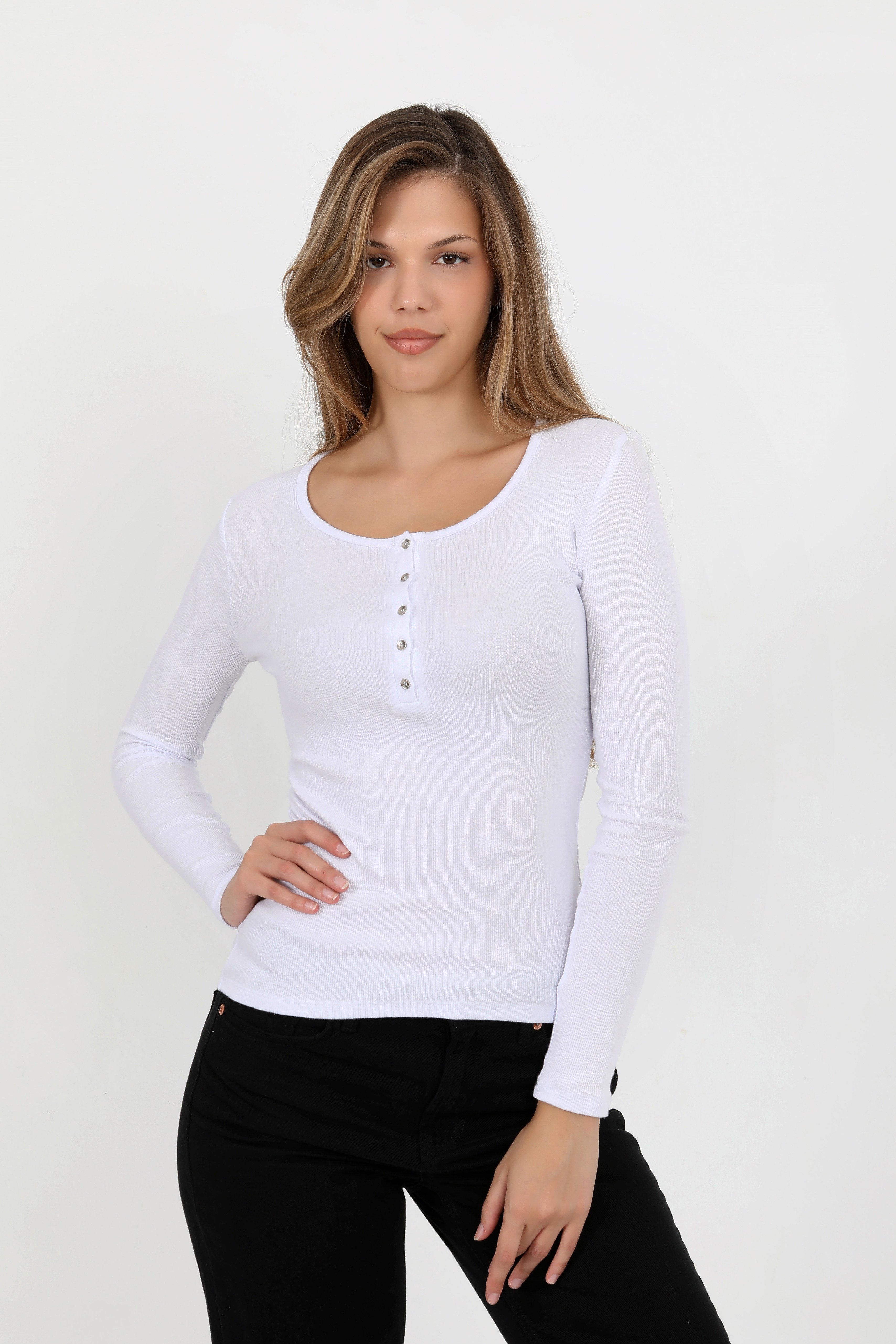 Hdm Kadın Beyaz Uzun Kollu Fitilli Patlı Düğmeli Basic Örme Bluz - H6162