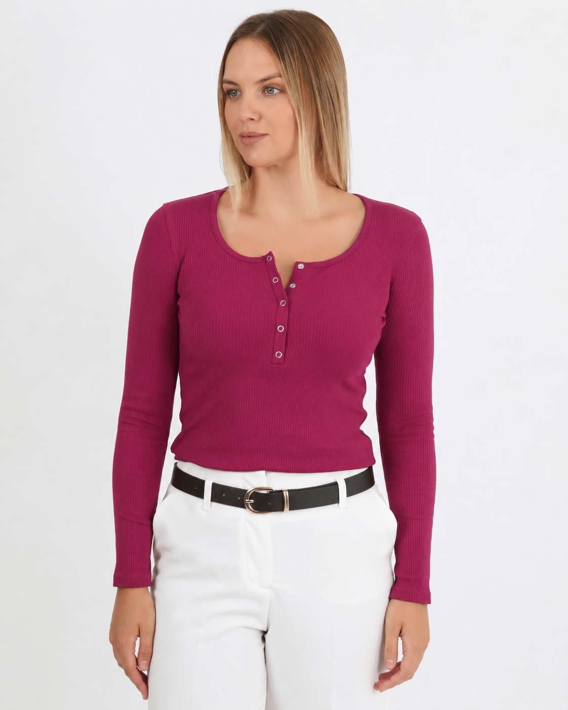 Hdm Kadın Bordo Uzun Kollu Fitilli Patlı Çıtçıtlı Basic Örme Bluz - H6172
