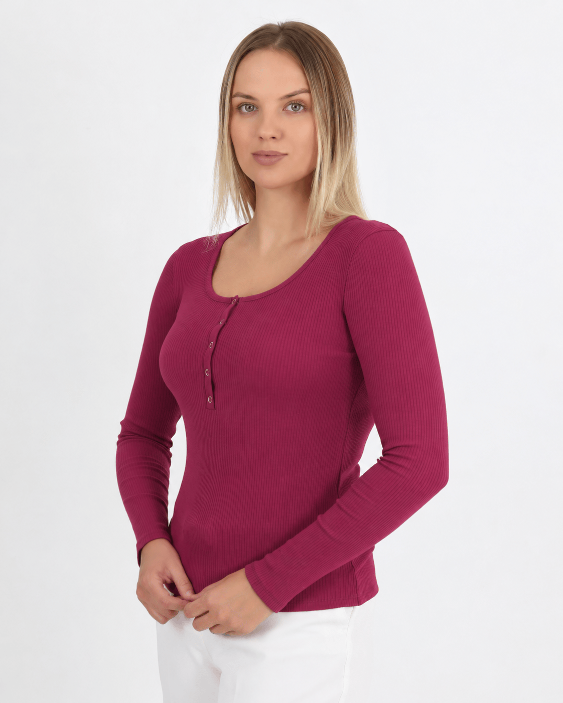 Hdm Kadın Bordo Uzun Kollu Fitilli Patlı Çıtçıtlı Basic Örme Bluz - H6172