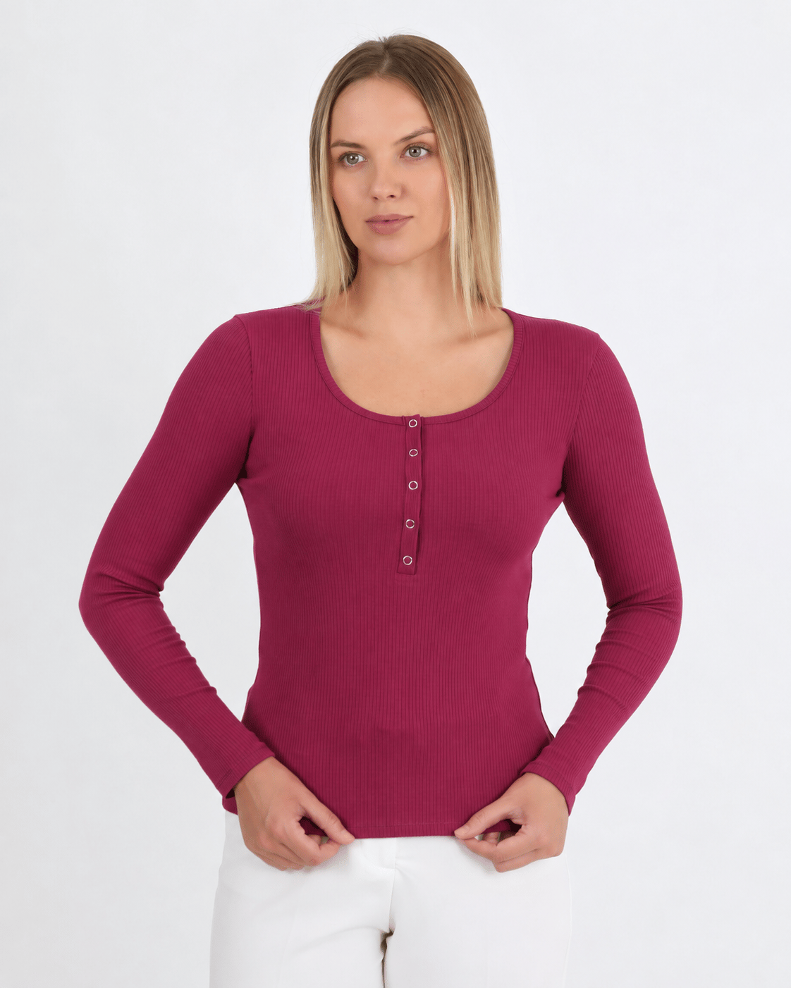 Hdm Kadın Bordo Uzun Kollu Fitilli Patlı Çıtçıtlı Basic Örme Bluz - H6172