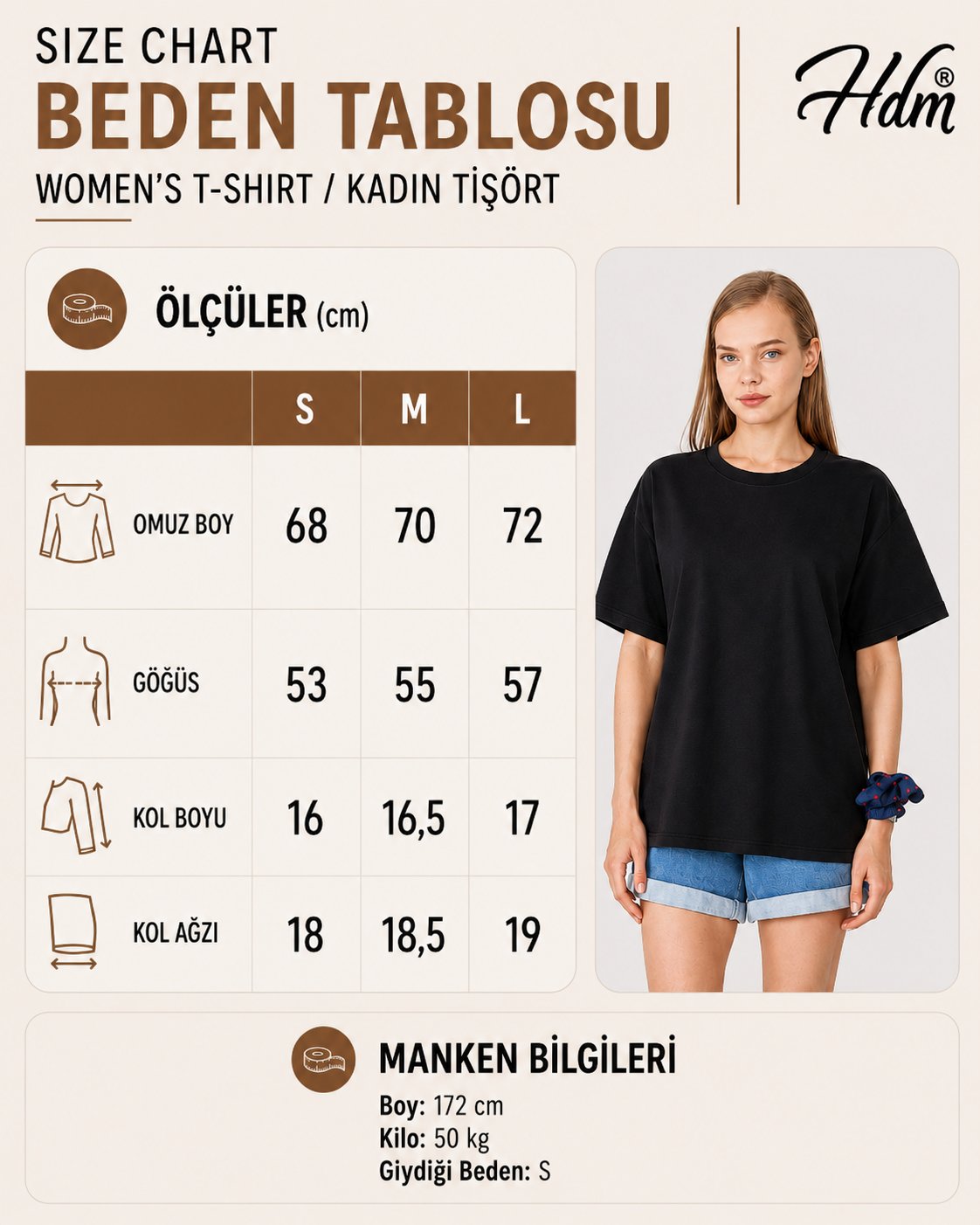 Hdm Kadın Ekru Basic Oversize %100 Pamuklu Rahat Kesim Günlük Tişört - H6041