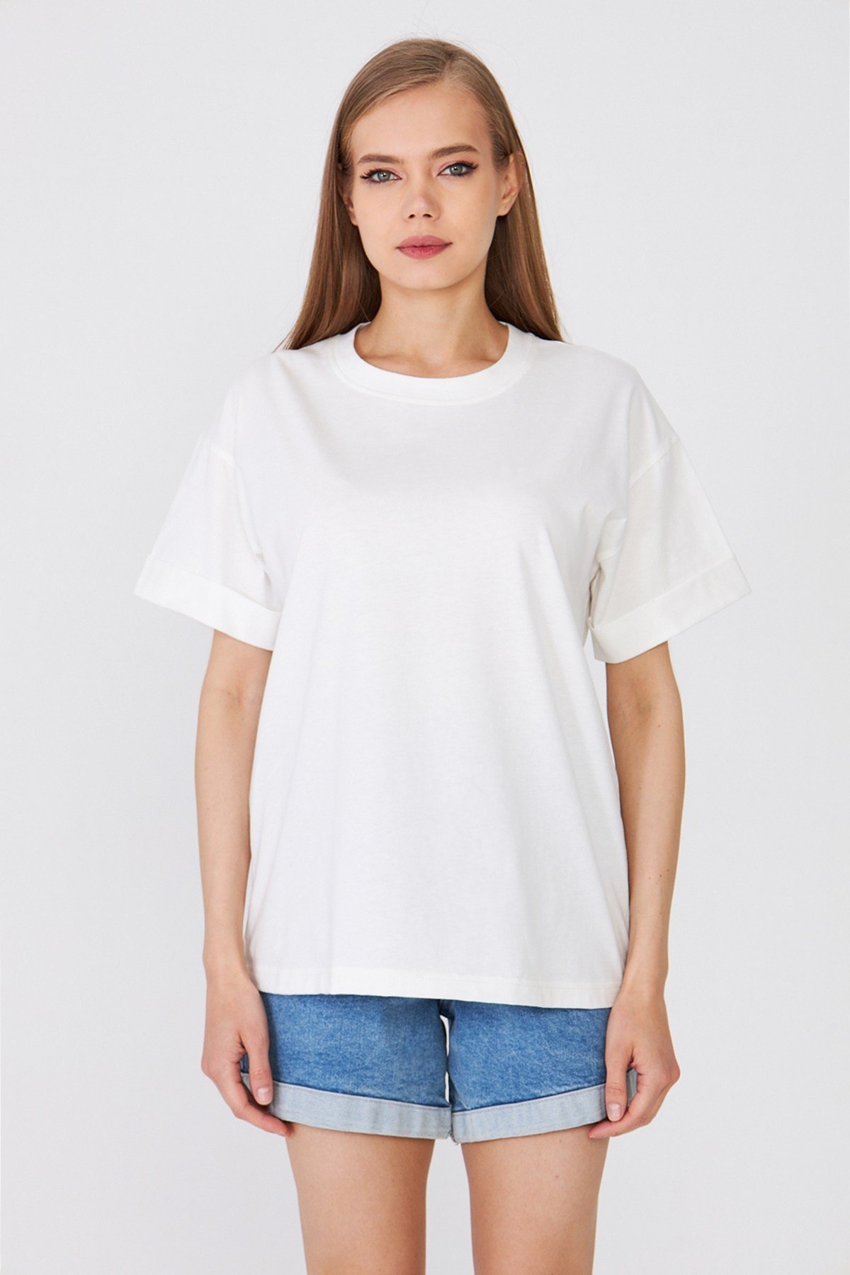 Hdm Kadın Ekru Basic Oversize %100 Pamuklu Rahat Kesim Günlük Tişört - H6041