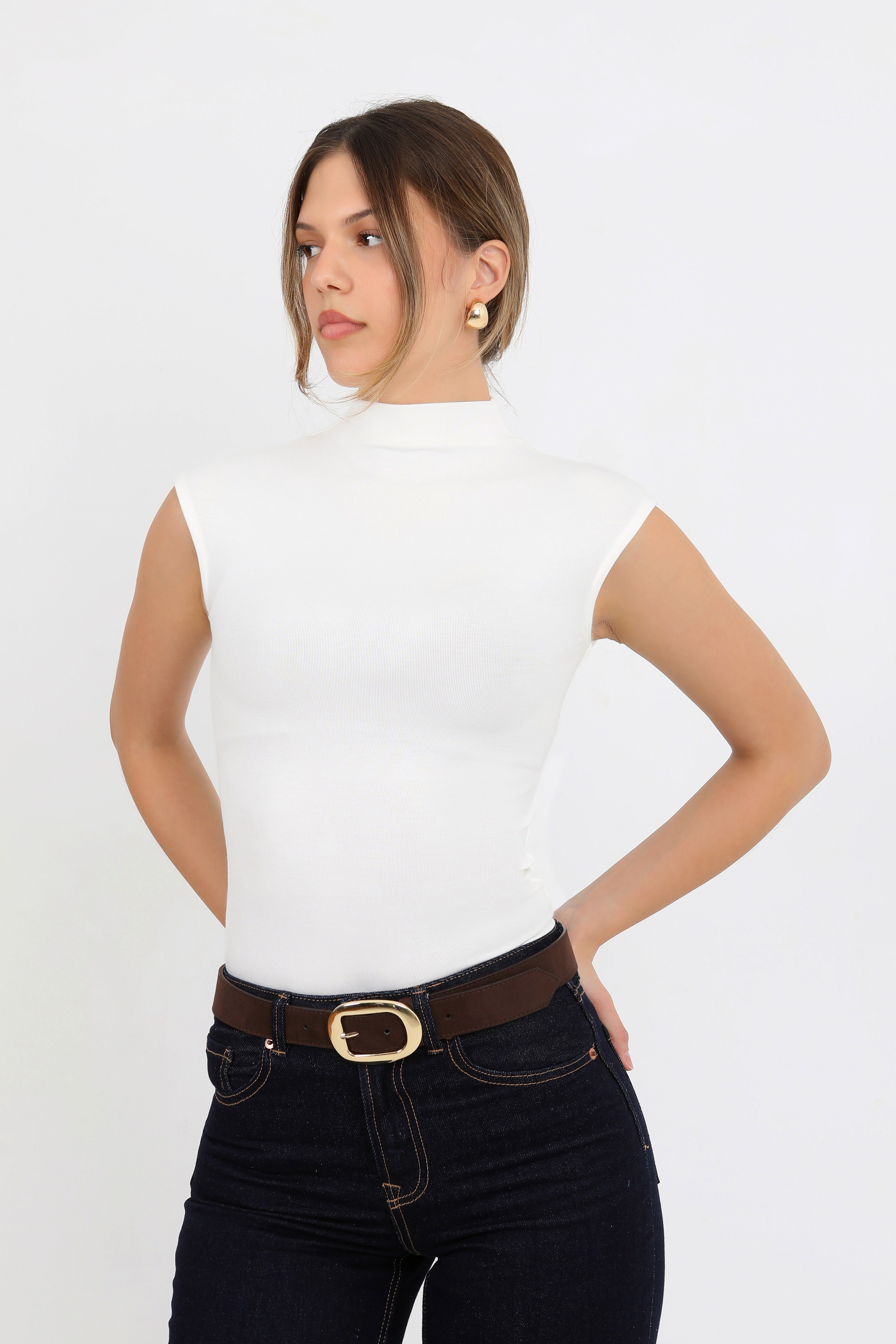 Hdm Kadın Ekru Yarım Balıkçı Sıfır Kol Yumuşak Örme Bluz - H6178