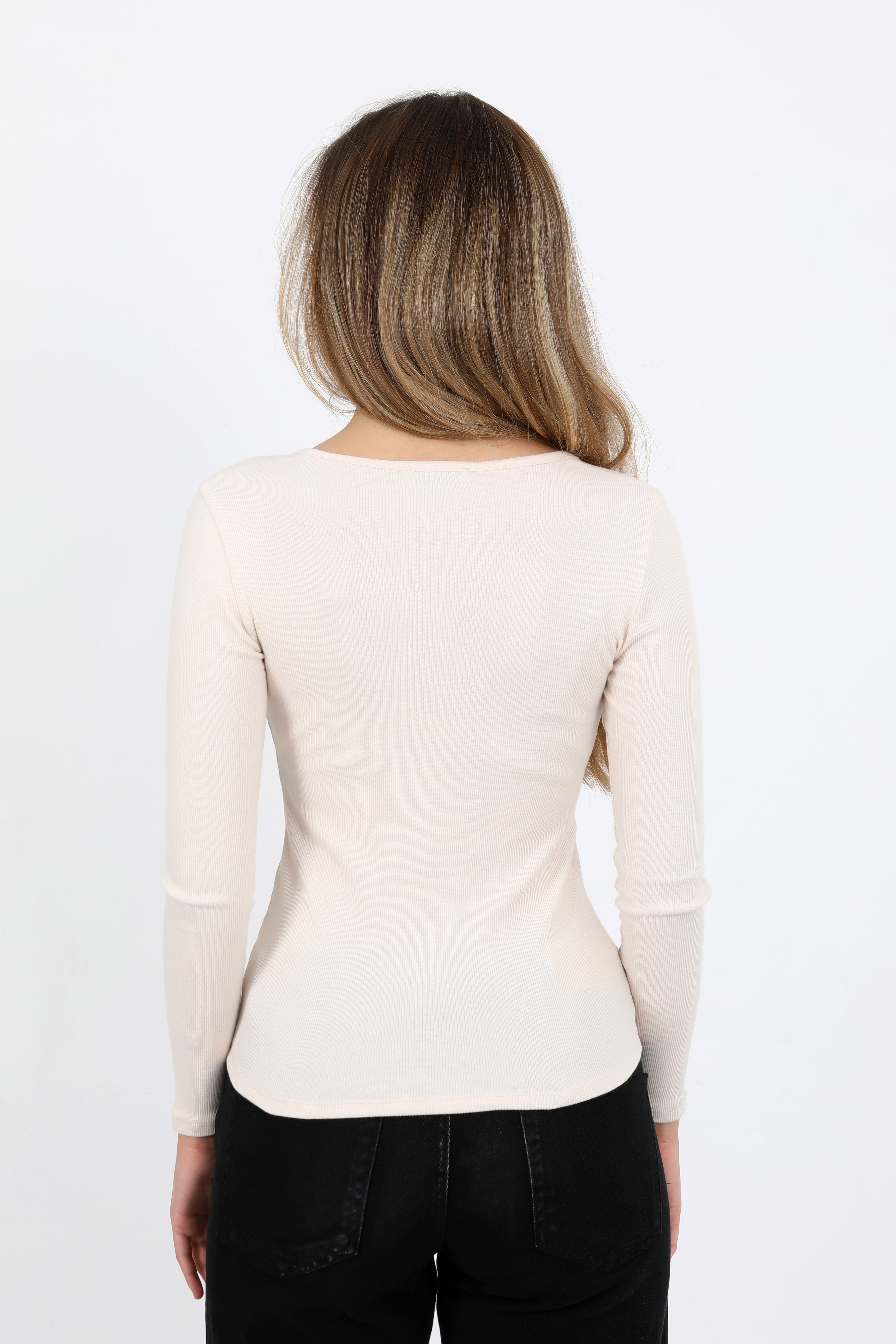 Hdm Kadın Fildişi Uzun Kollu Fitilli Patlı Düğmeli Basic Örme Bluz - H6162