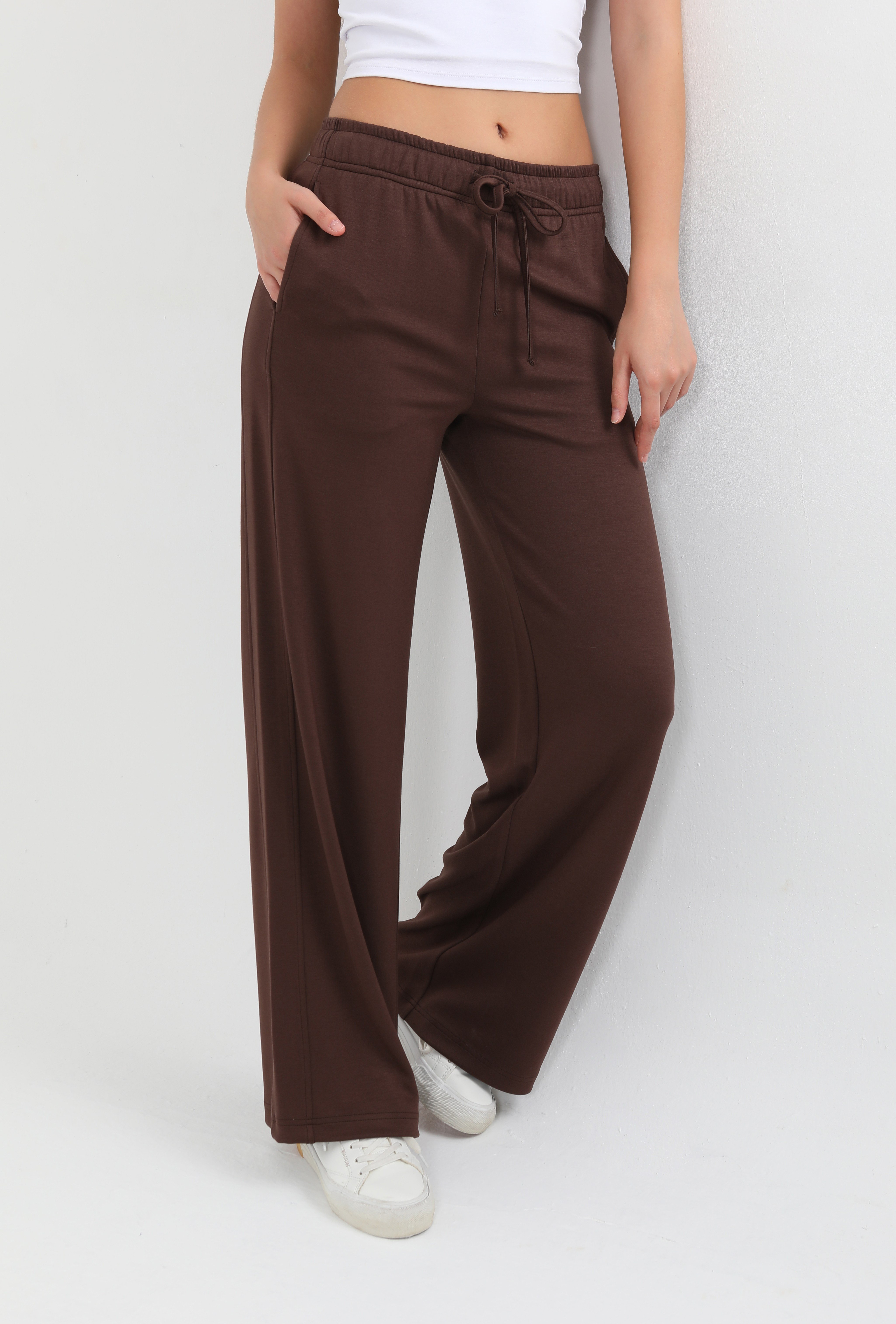 Hdm Kadın Kahverengi Beli Lastikli Cepli Bol Paça Pantolon - H6176