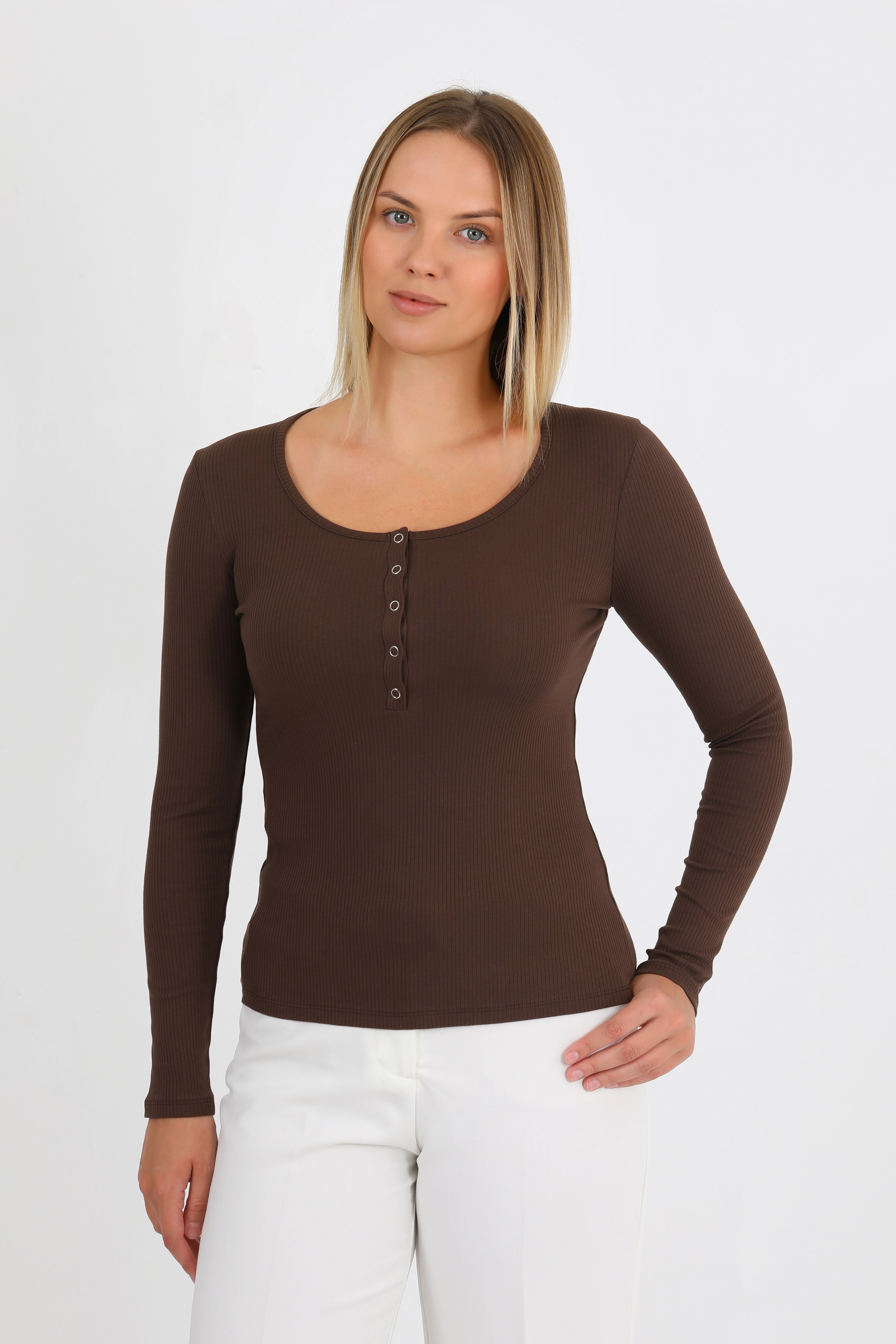 Hdm Kadın Kahverengi Uzun Kollu Fitilli Patlı Çıtçıtlı Basic Örme Bluz - H6172
