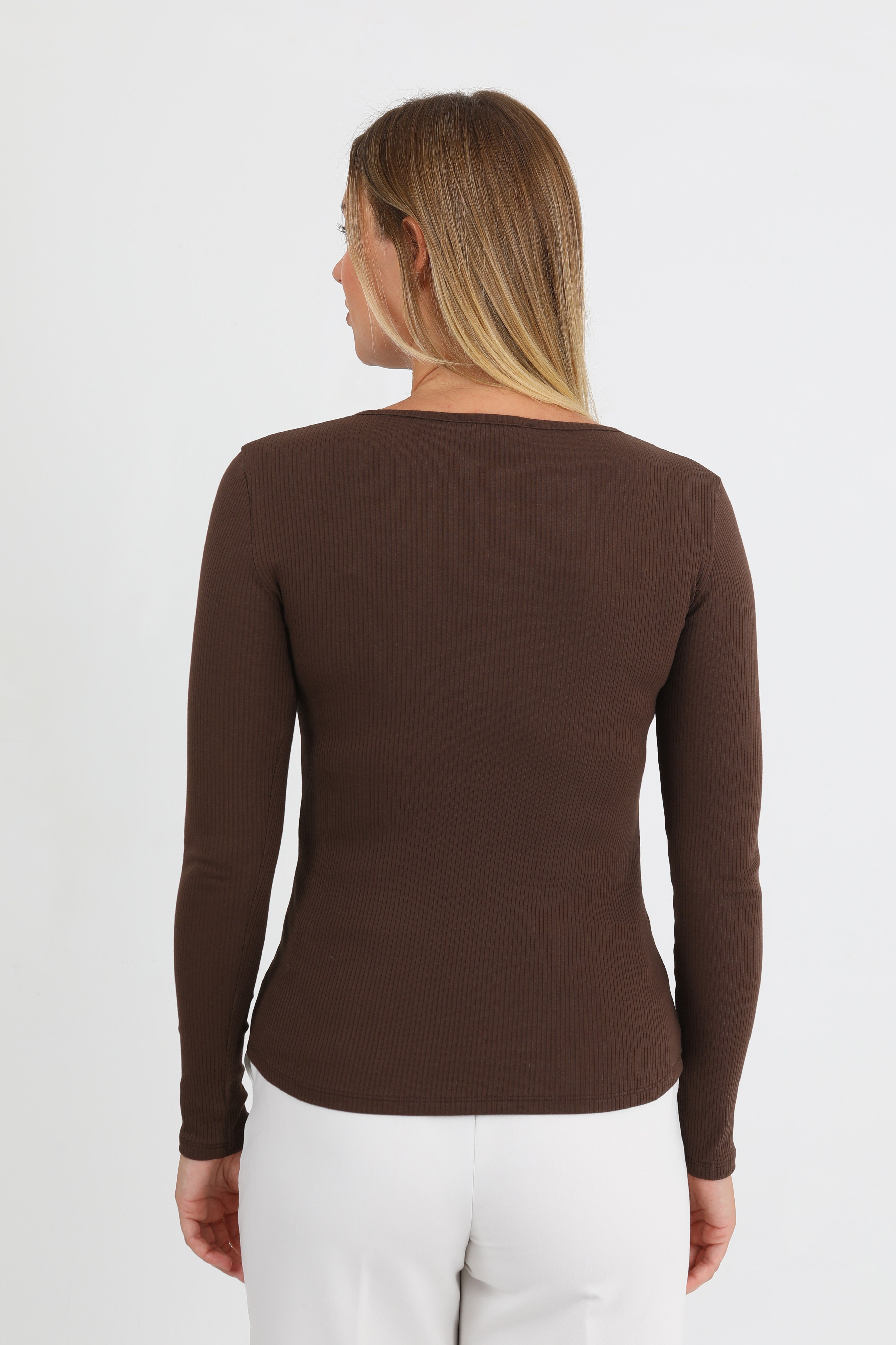Hdm Kadın Kahverengi Uzun Kollu Fitilli Patlı Çıtçıtlı Basic Örme Bluz - H6172