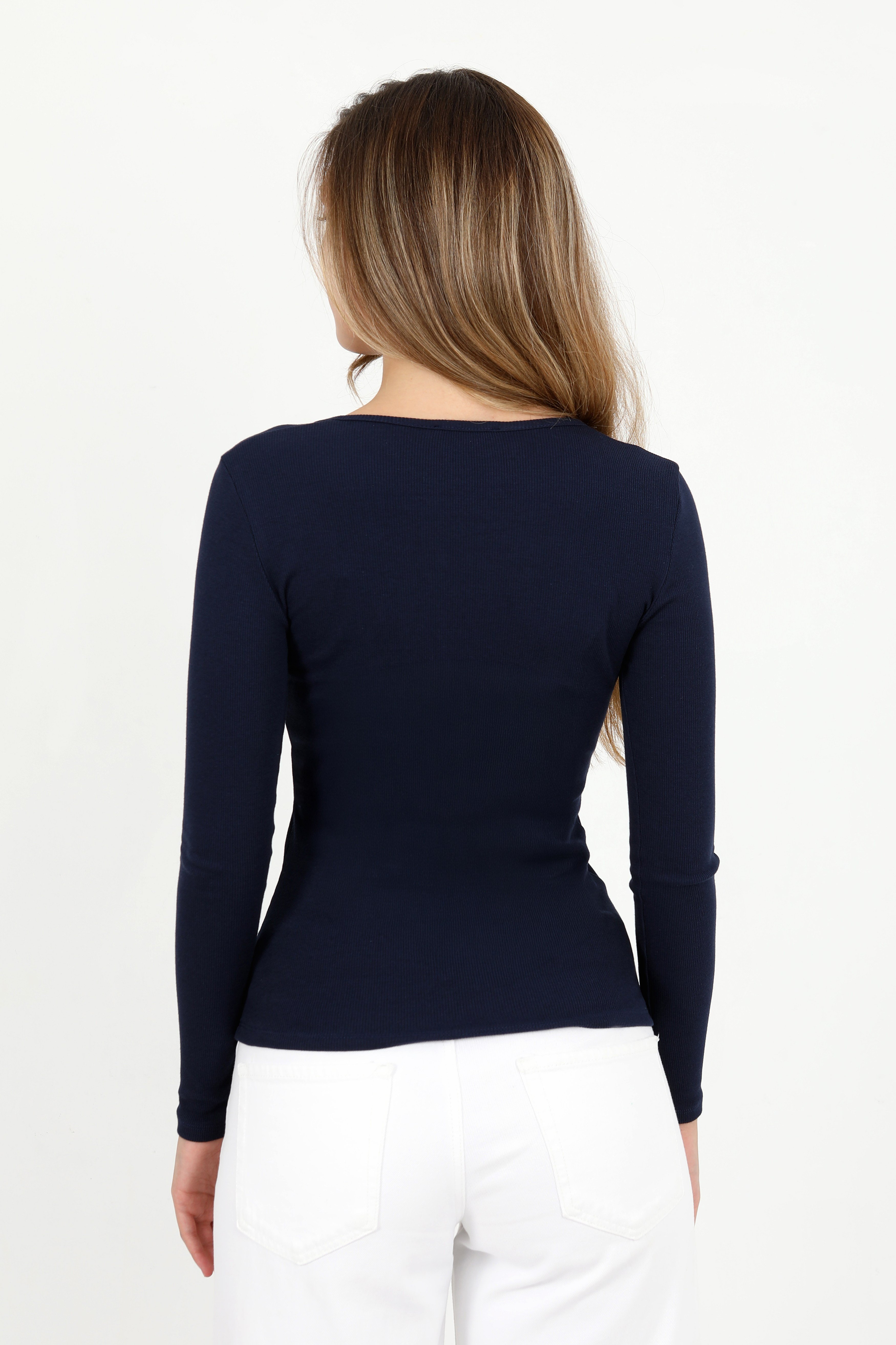 Hdm Kadın Lacivert Uzun Kollu Fitilli Patlı Düğmeli Basic Örme Bluz - H6162