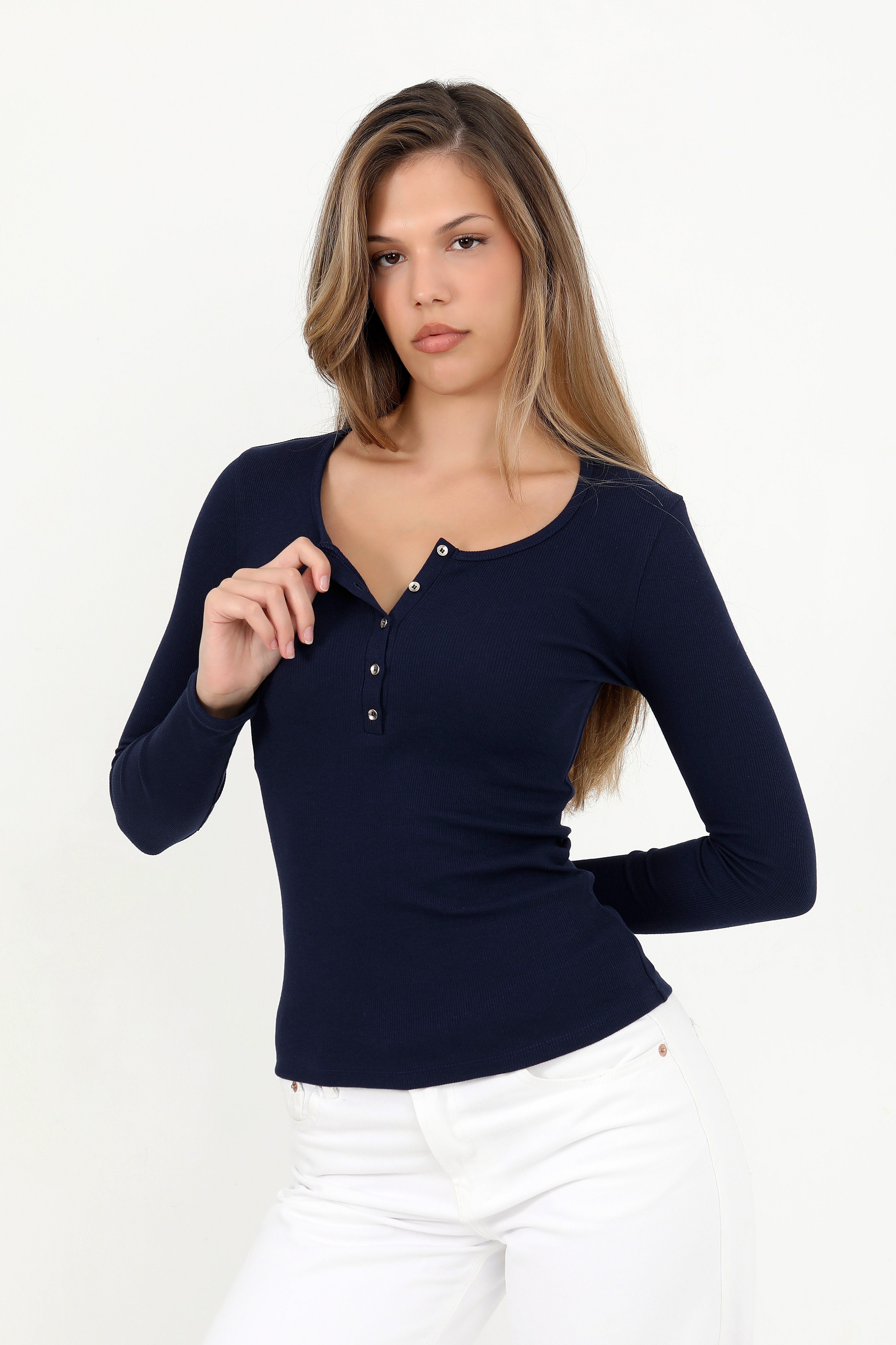 Hdm Kadın Lacivert Uzun Kollu Fitilli Patlı Düğmeli Basic Örme Bluz - H6162