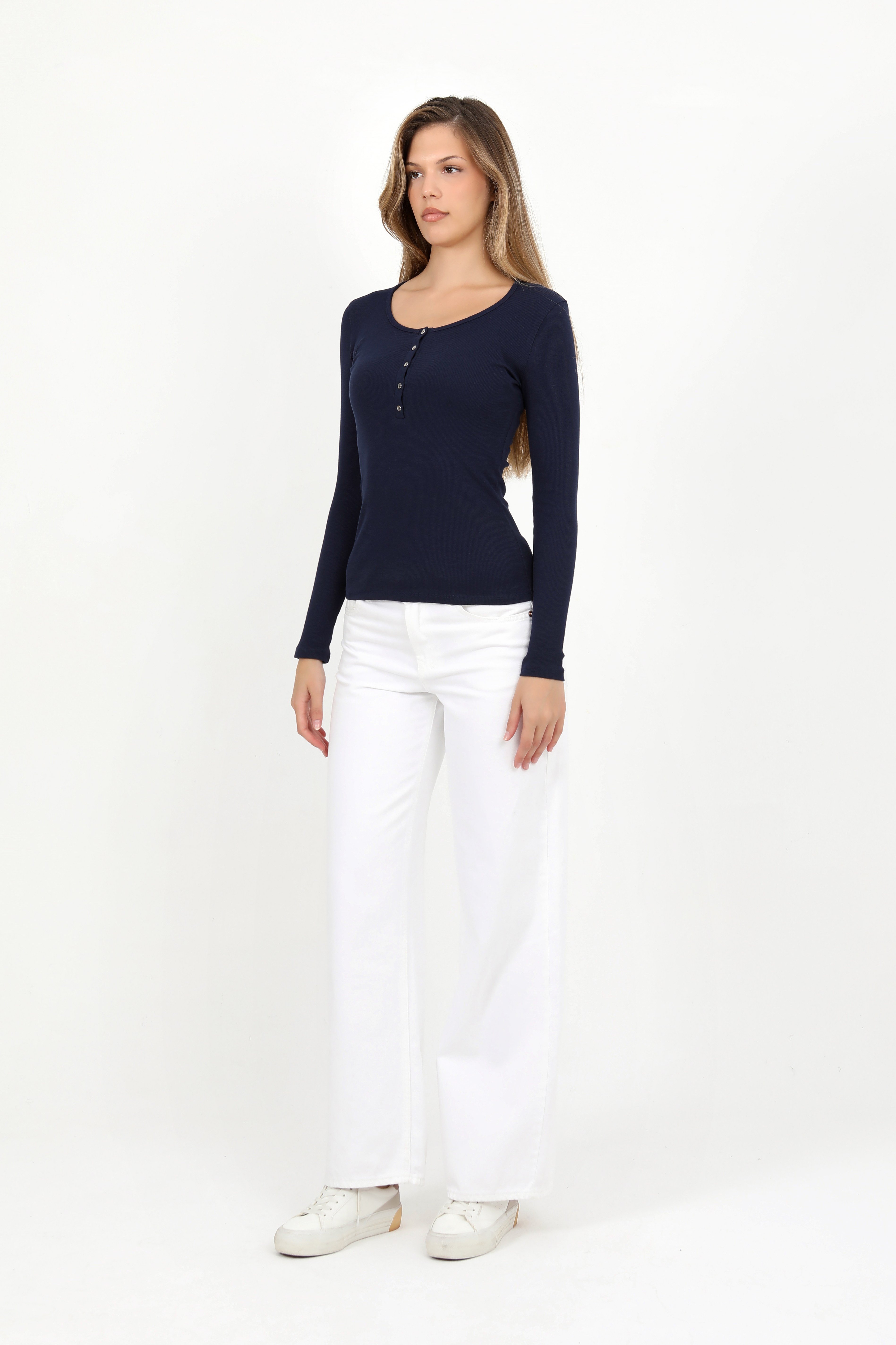 Hdm Kadın Lacivert Uzun Kollu Fitilli Patlı Düğmeli Basic Örme Bluz - H6162
