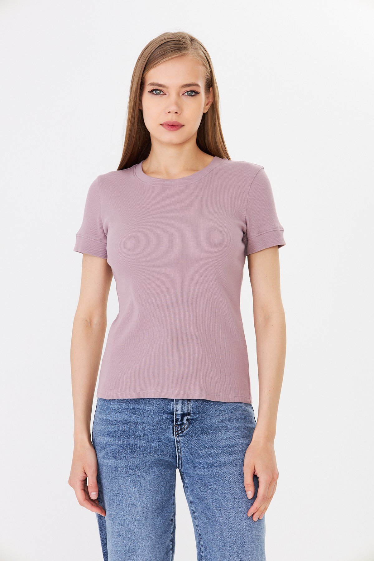 Hdm Kadın Mor Kısa Kollu Basic Bisiklet Yaka Tişört - H6037