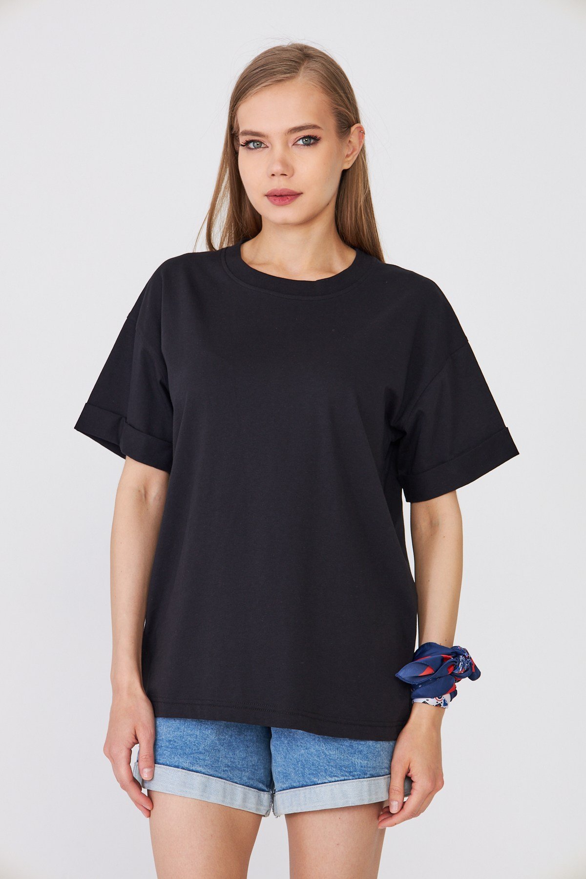 Hdm Kadın Siyah Basic Oversize %100 Pamuklu Rahat Kesim Günlük Tişört - H6041