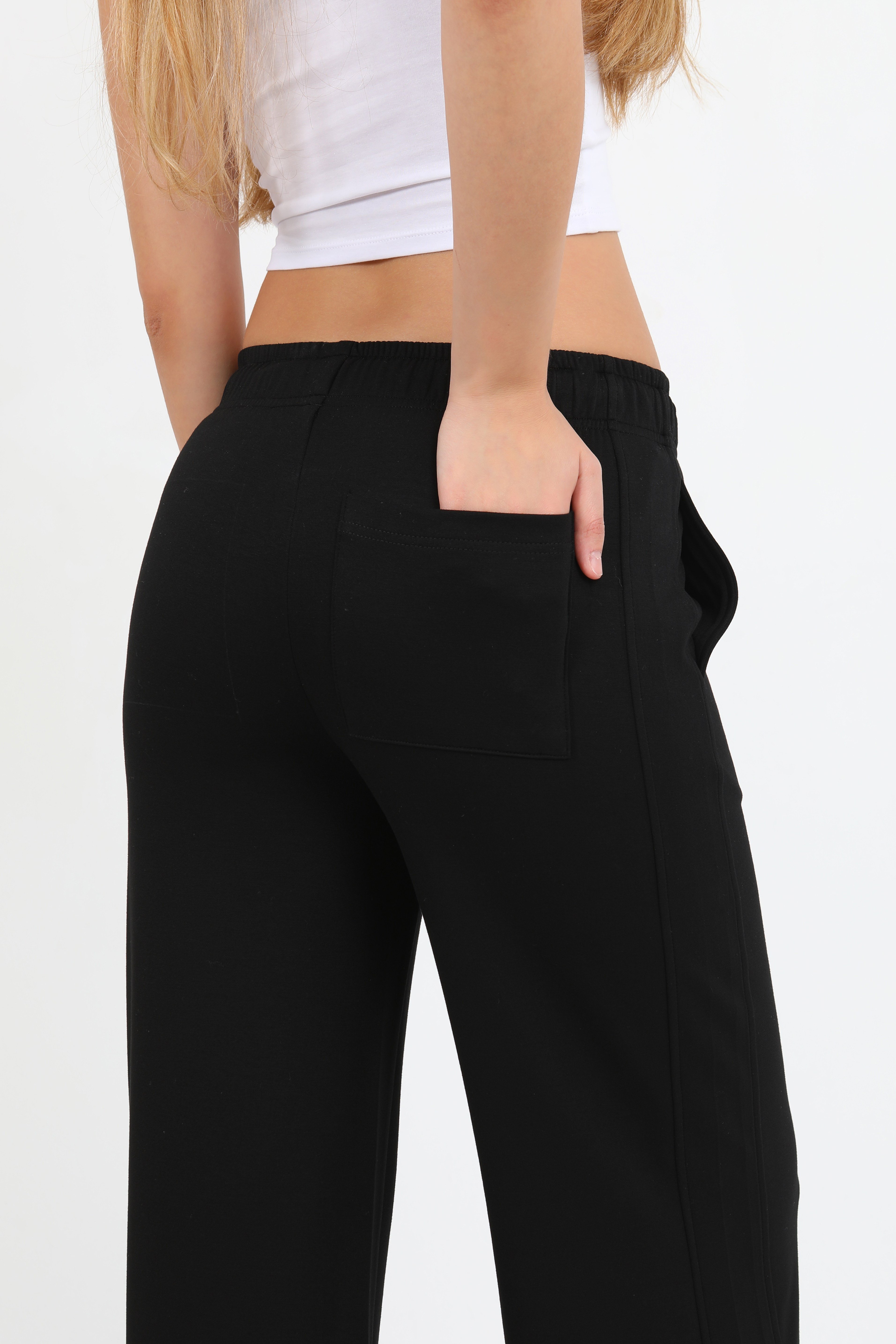 Hdm Kadın Siyah Beli Lastikli Cepli Bol Paça Pantolon - H6176