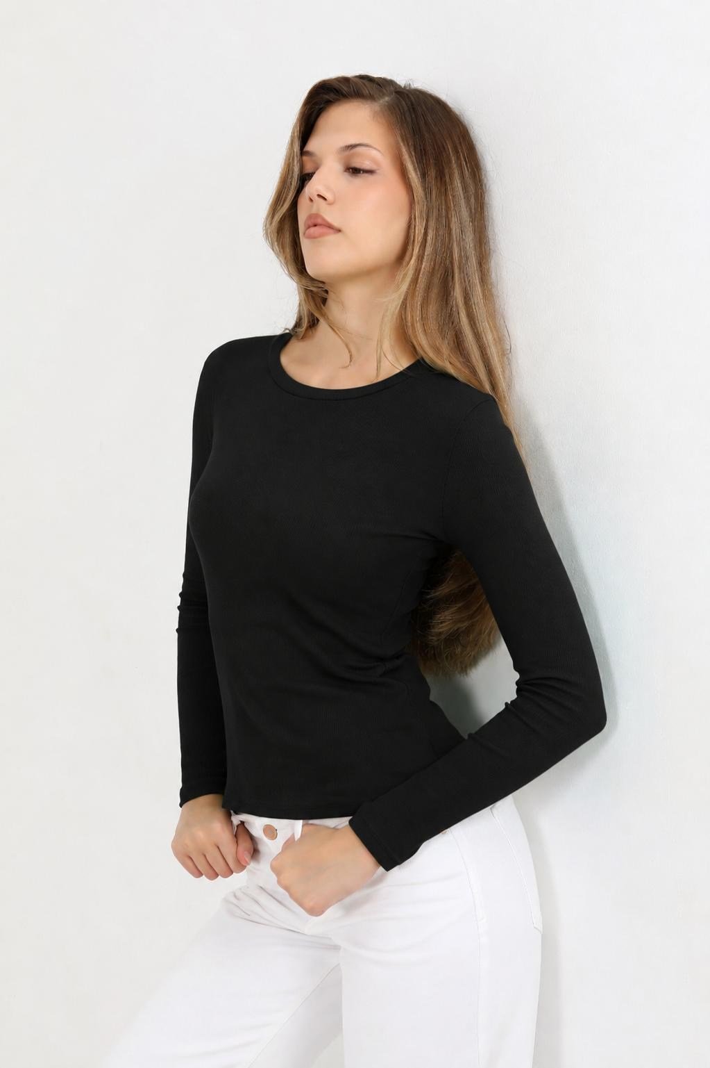 Hdm Kadın Sİyah Uzun Kollu Fitilli Bisiklet Yaka Basic Tişört - H6161