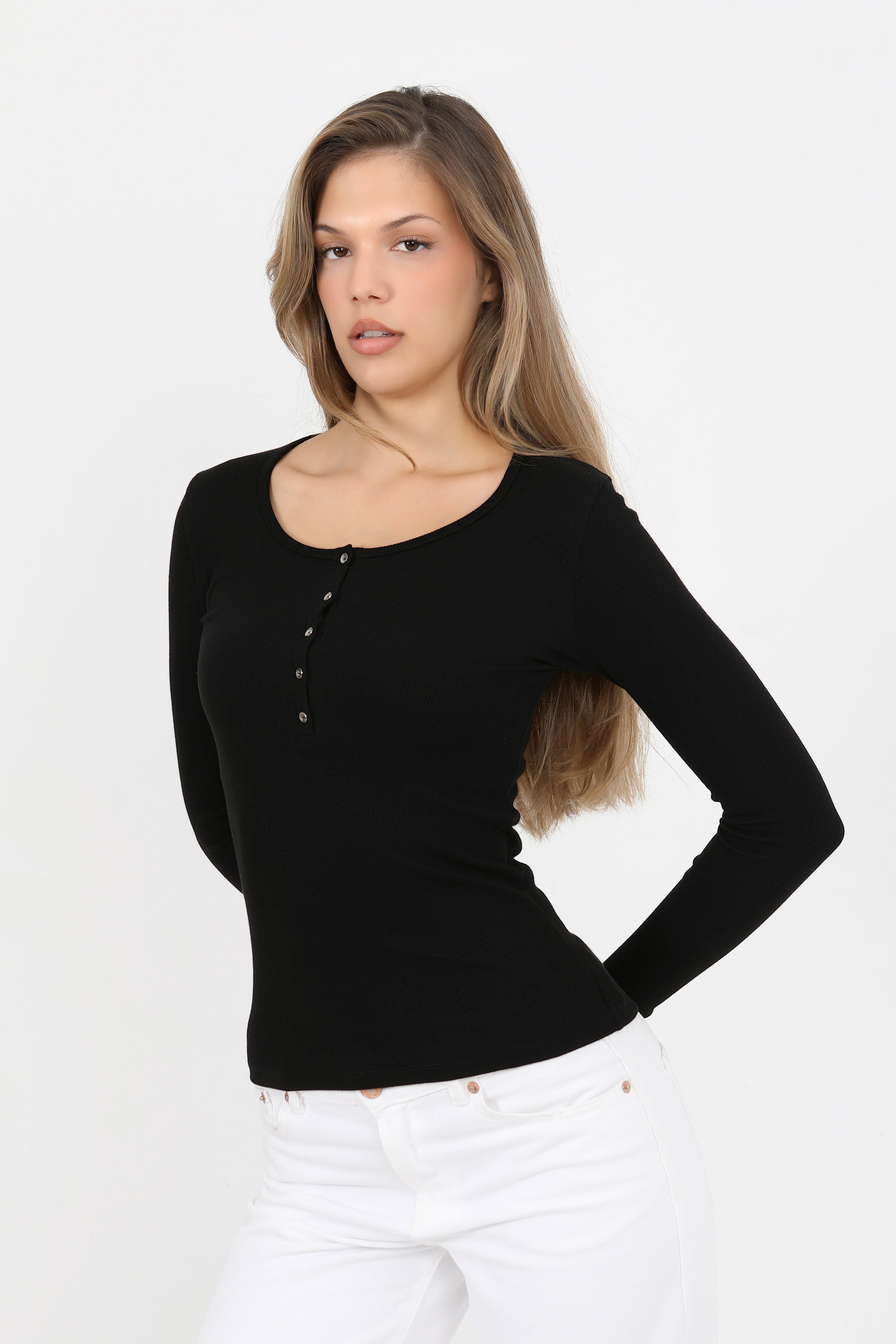 Hdm Kadın Siyah Uzun Kollu Fitilli Patlı Düğmeli Basic Örme Bluz - H6162