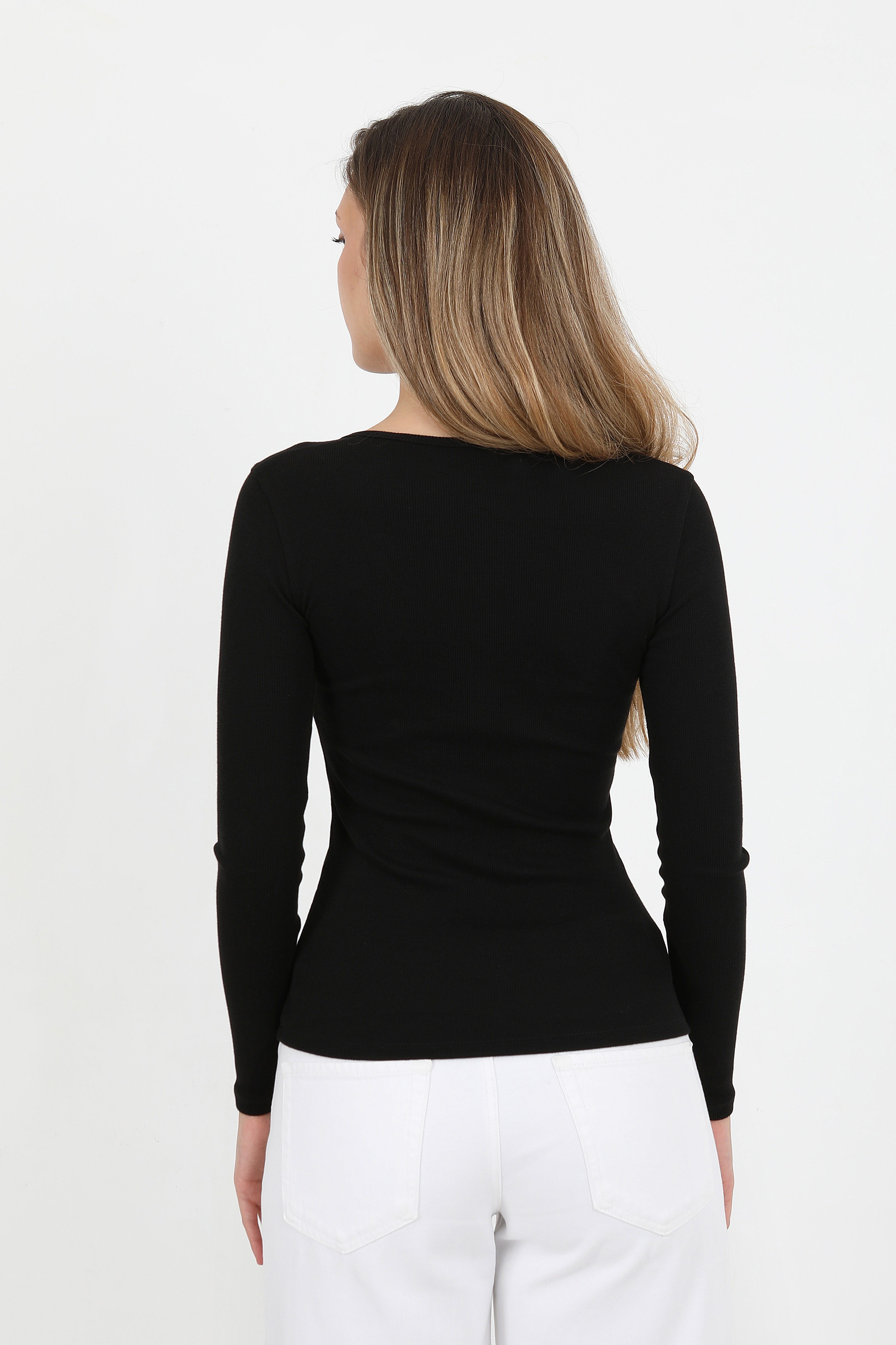 Hdm Kadın Siyah Uzun Kollu Fitilli Patlı Düğmeli Basic Örme Bluz - H6162
