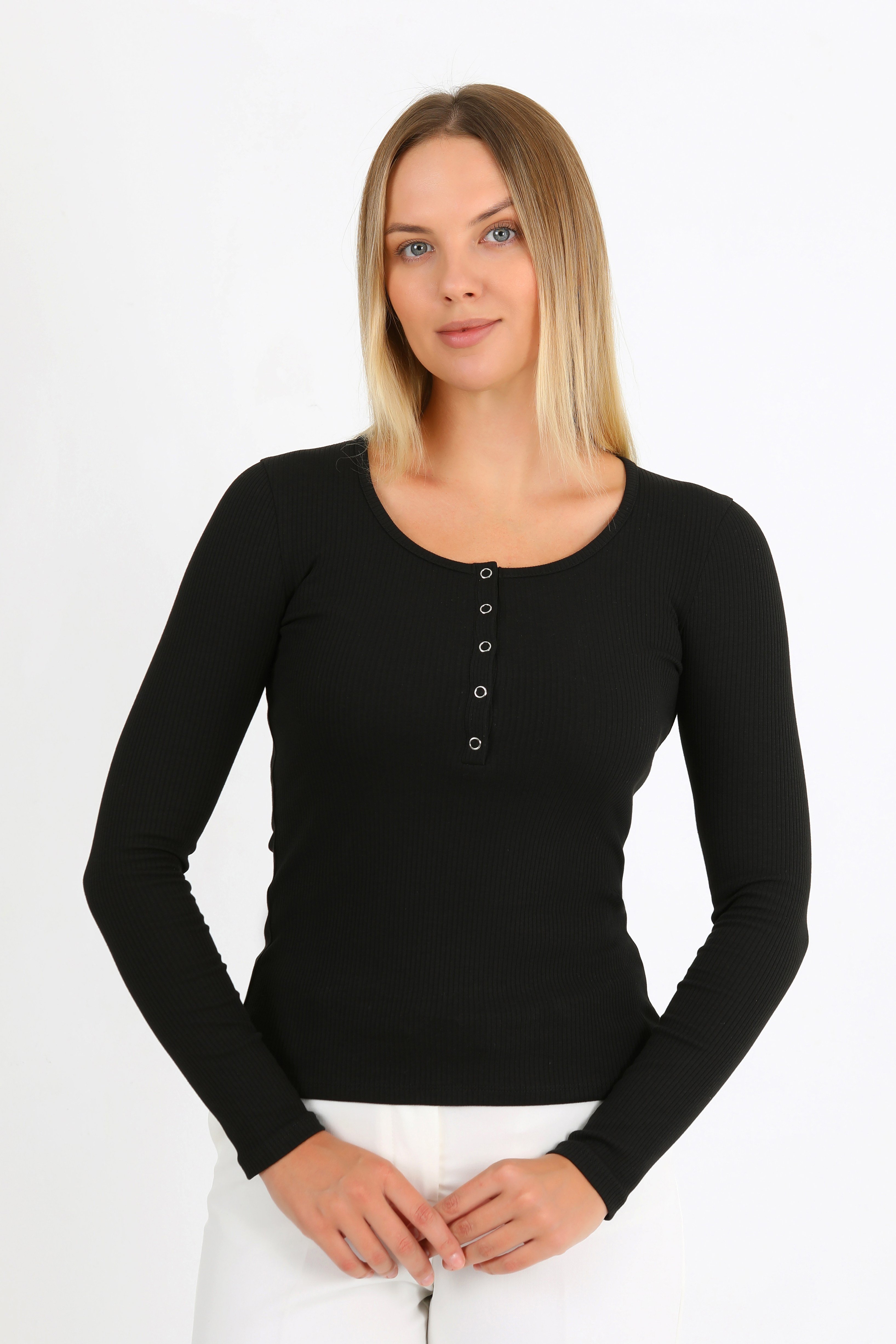 Hdm Kadın Siyah Uzun Kollu Fitilli Patlı Çıtçıtlı Basic Örme Bluz - H6172