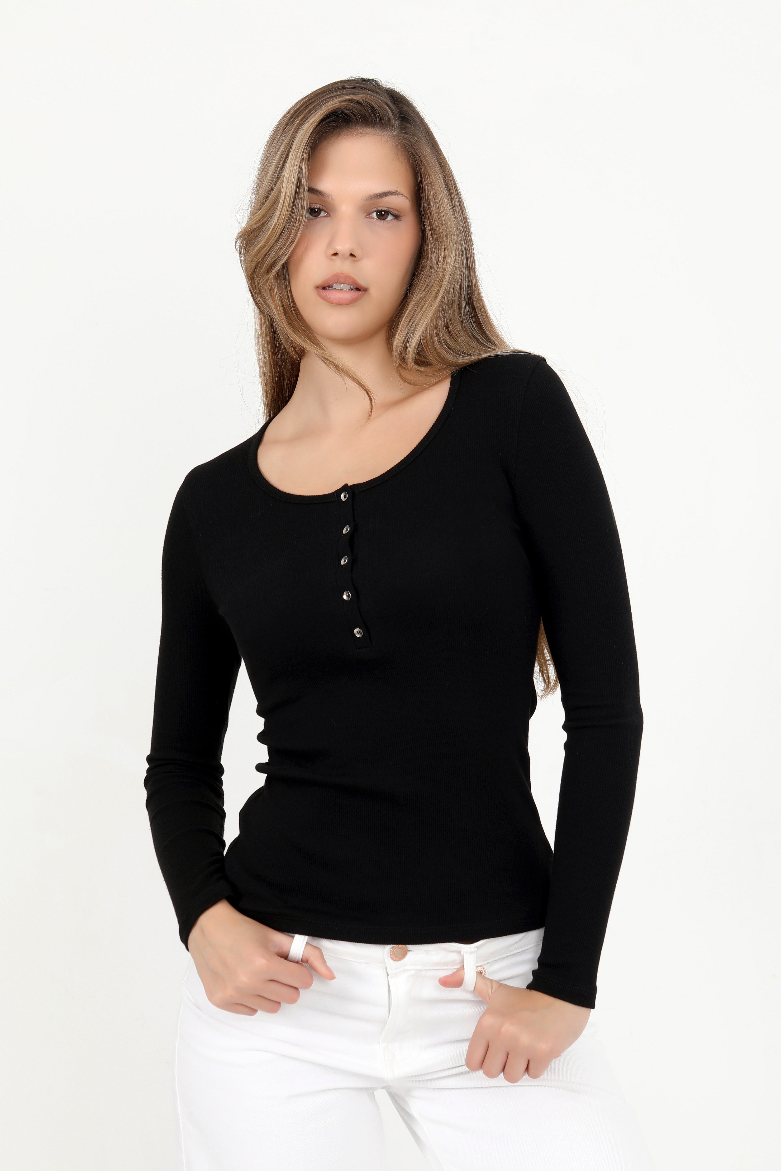 Hdm Kadın Siyah Uzun Kollu Fitilli Patlı Düğmeli Basic Örme Bluz - H6162
