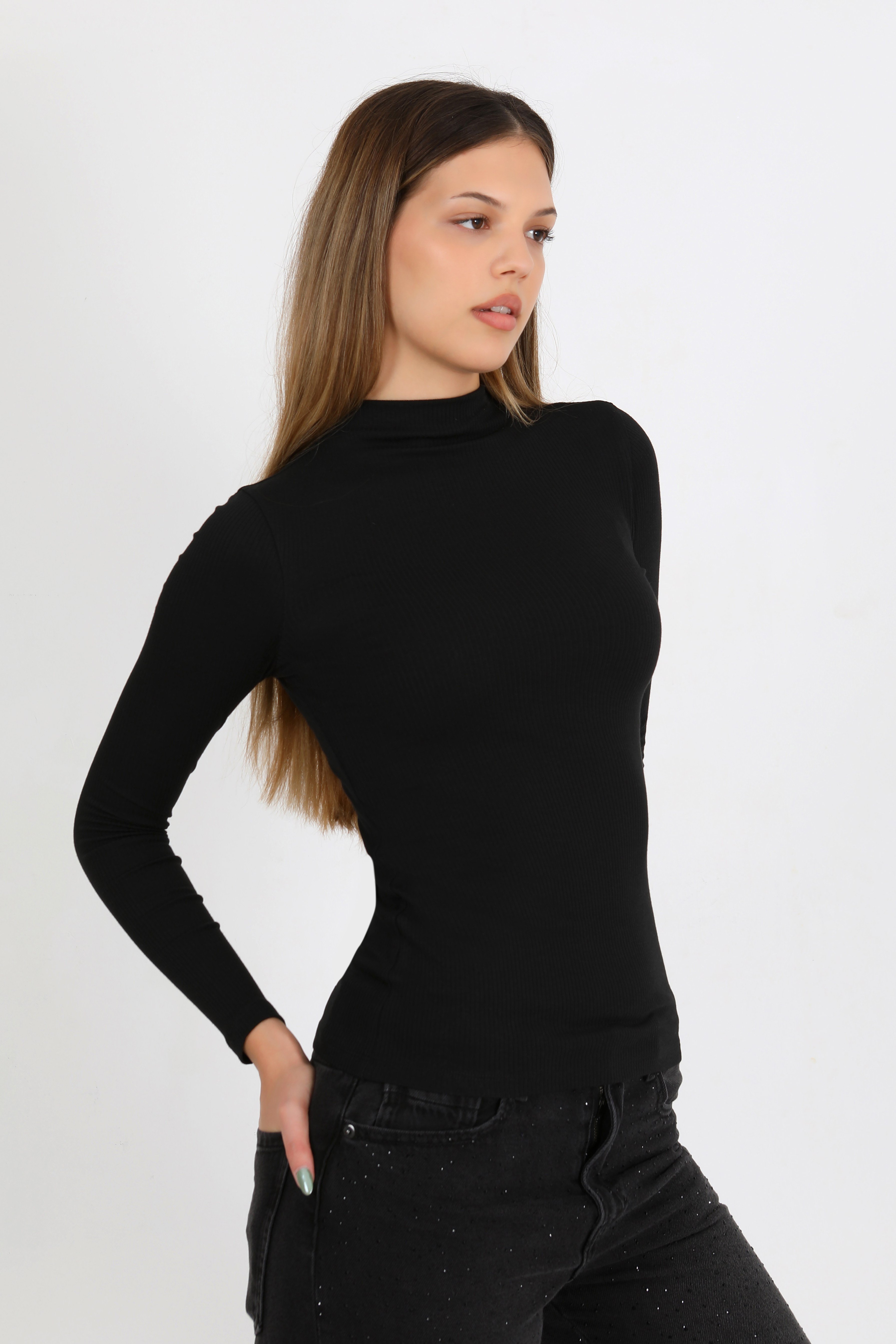 Hdm Kadın Siyah Yarım Balıkçı Fitilli Modal Pamuk Uzun Kollu Bluz - H6173