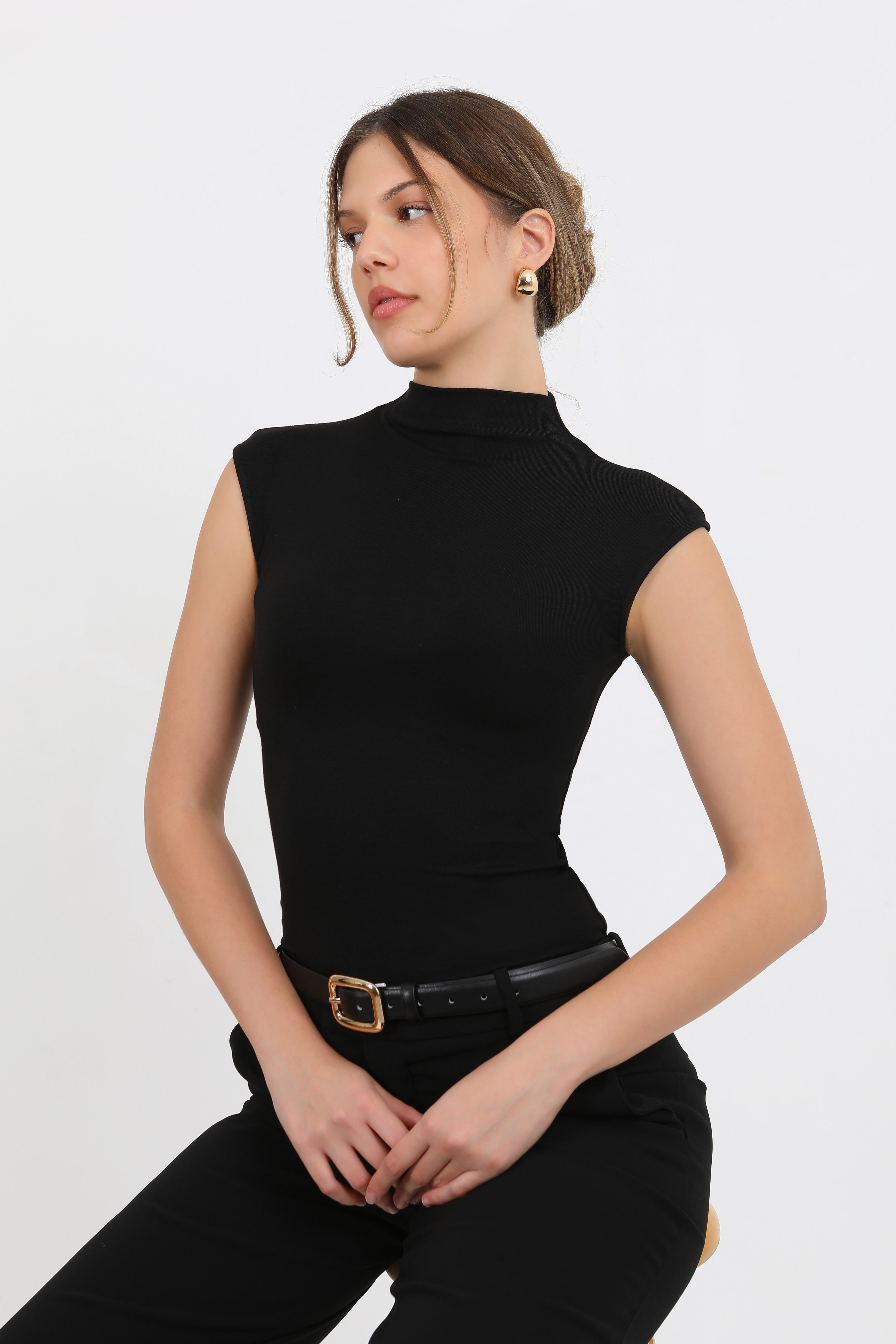 Hdm Kadın Siyah Yarım Balıkçı Sıfır Kol Yumuşak Örme Bluz - H6178