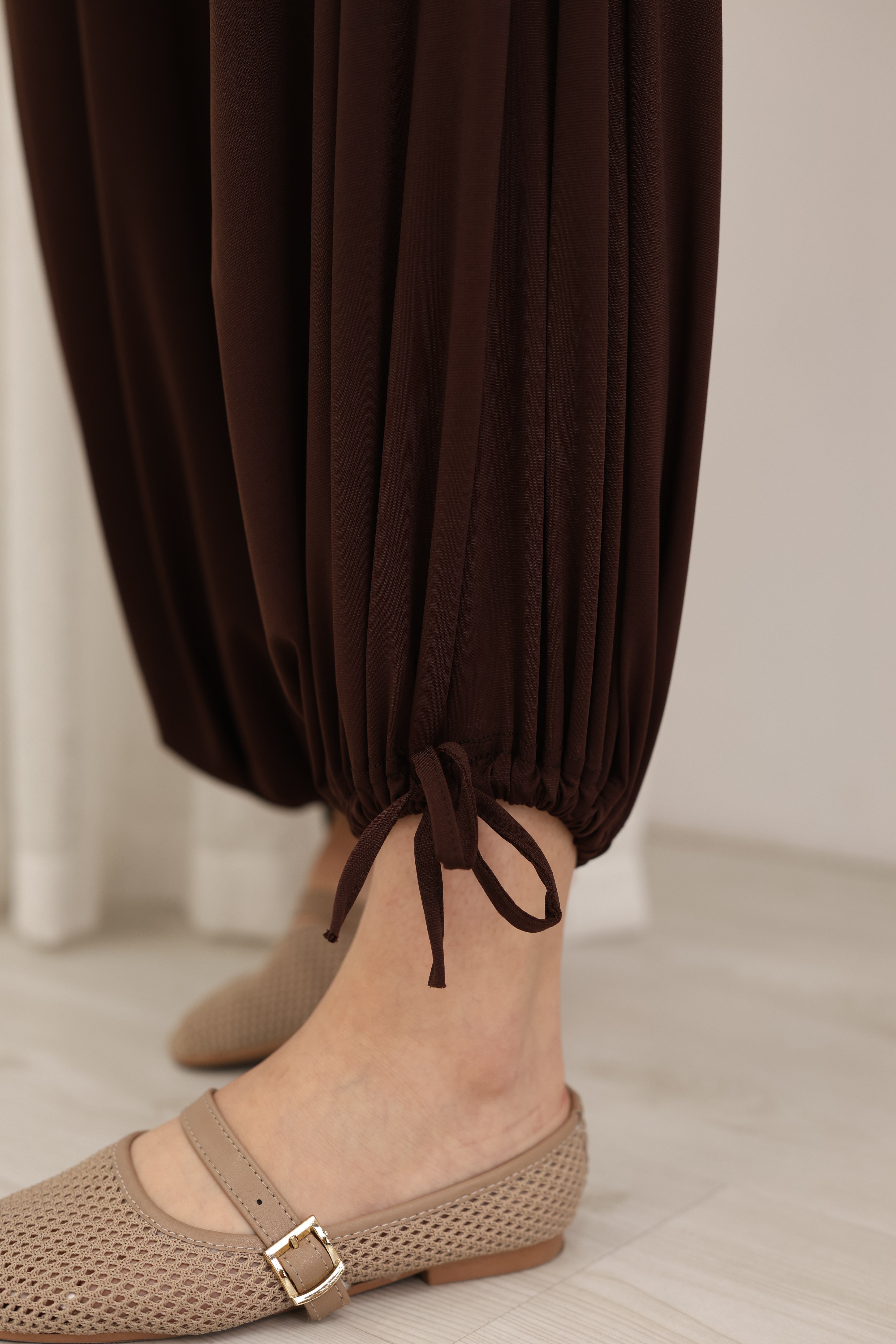 Bel Paça Bağcıklı Şalvar Pantolon Kahve