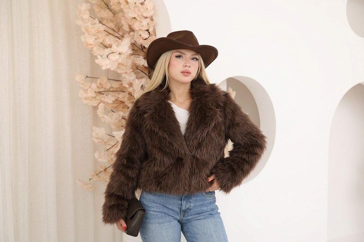 Crop Model Kürk Ceket Kahve
